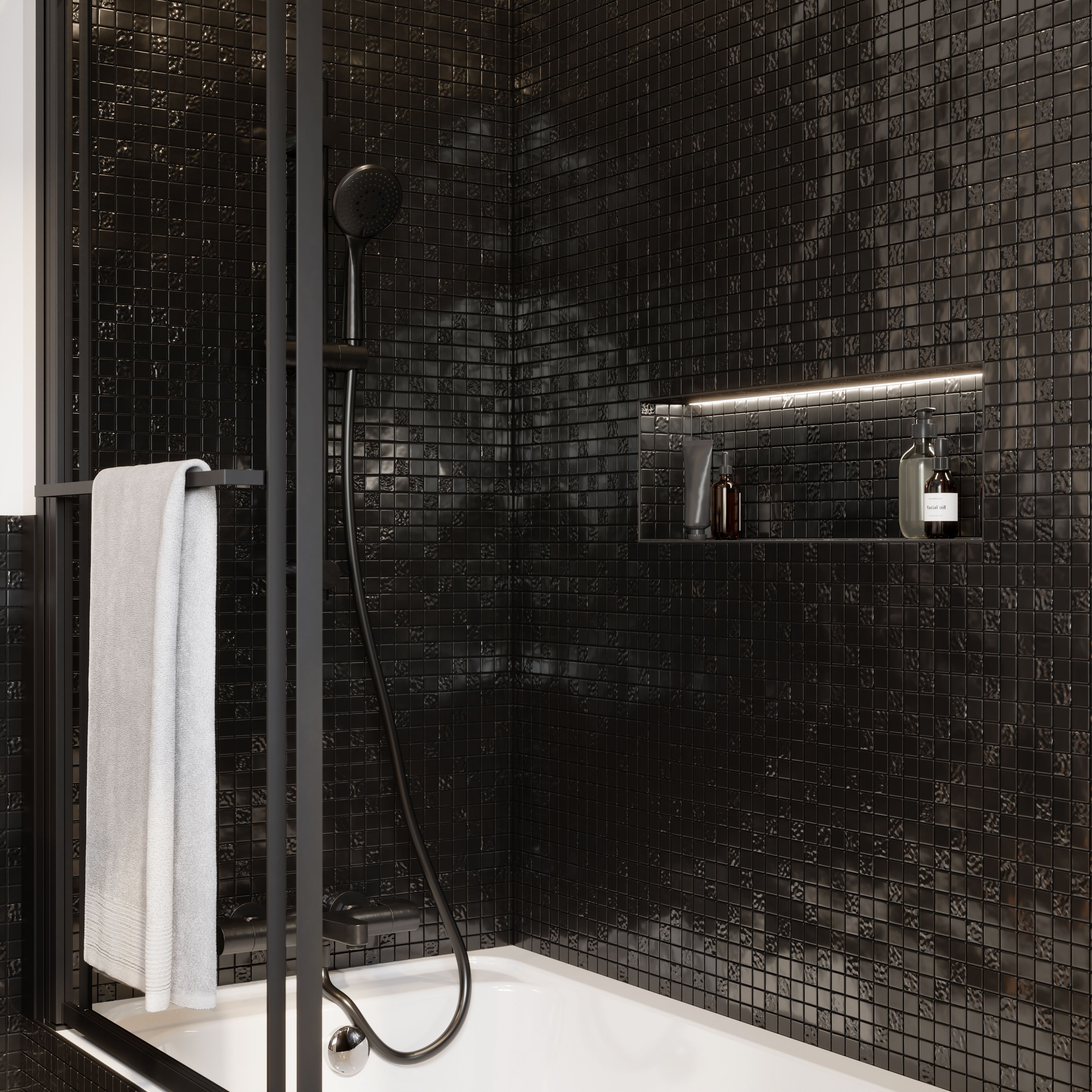 Flourencia Black Polished Gloss Glass Mosaic tile, (L)300mm (W)300mm