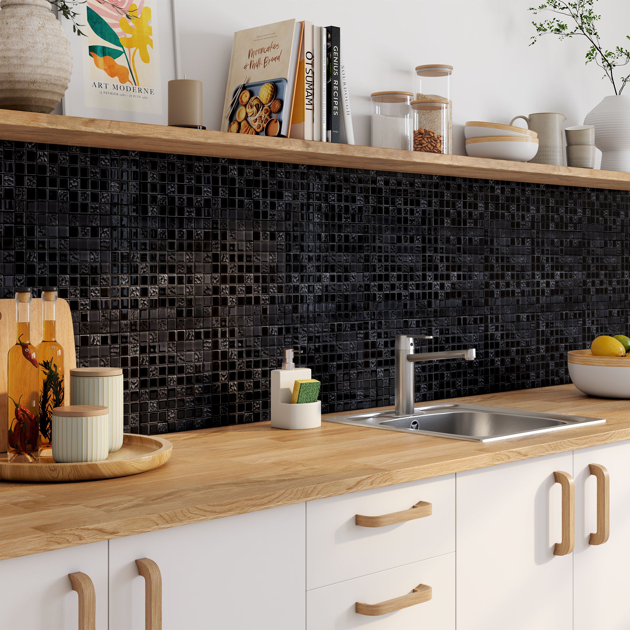 Flourencia Black Polished Gloss Glass Mosaic tile, (L)300mm (W)300mm
