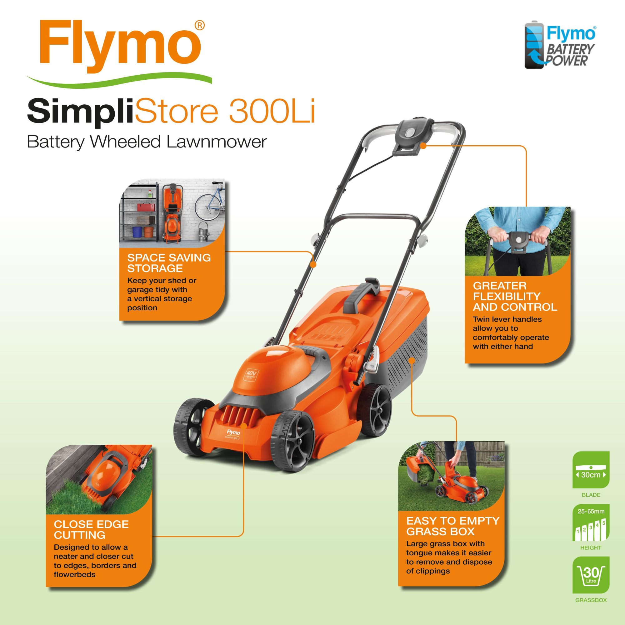 Flymo Battery Rotary Lawnmower 40V Cordless 30cm Push Lawnmower ...