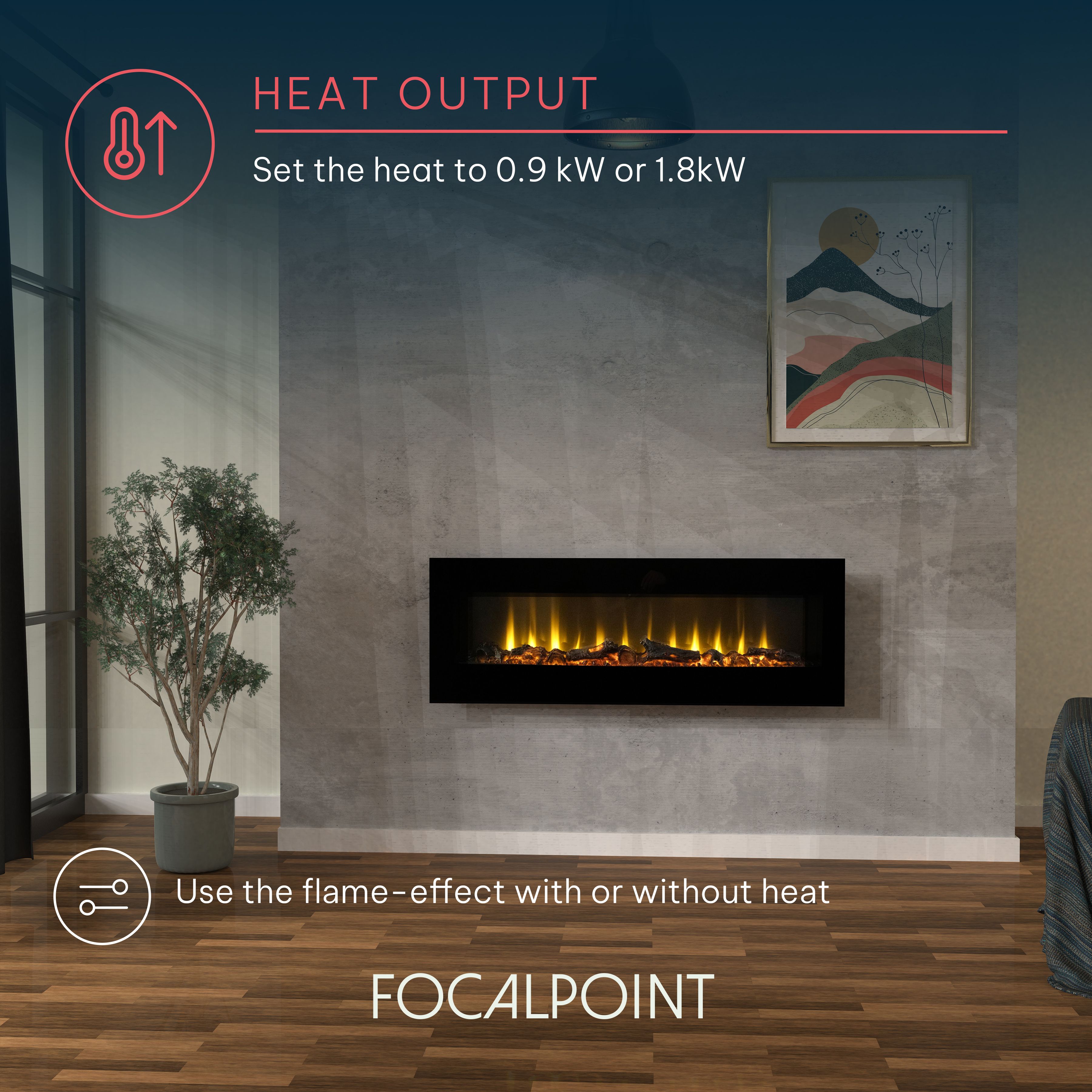 Focal Point Ravensdale 1.8kW Matt Black Wall-mounted Fire (H)43.2cm (W)122cm (D)11.3cm