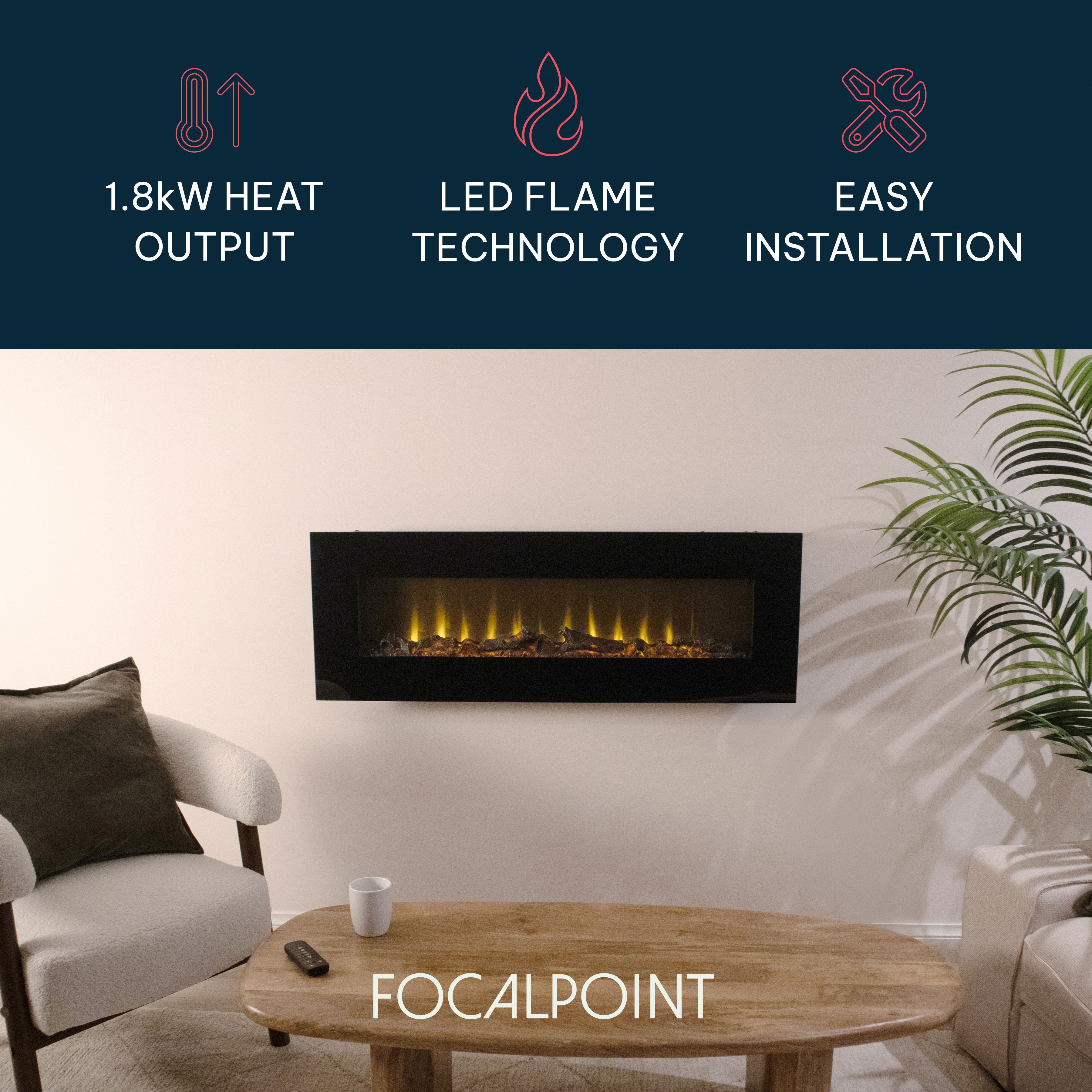 Focal Point Ravensdale 1.8kW Matt Black Wall-mounted Fire (H)43.2cm (W)122cm (D)11.3cm