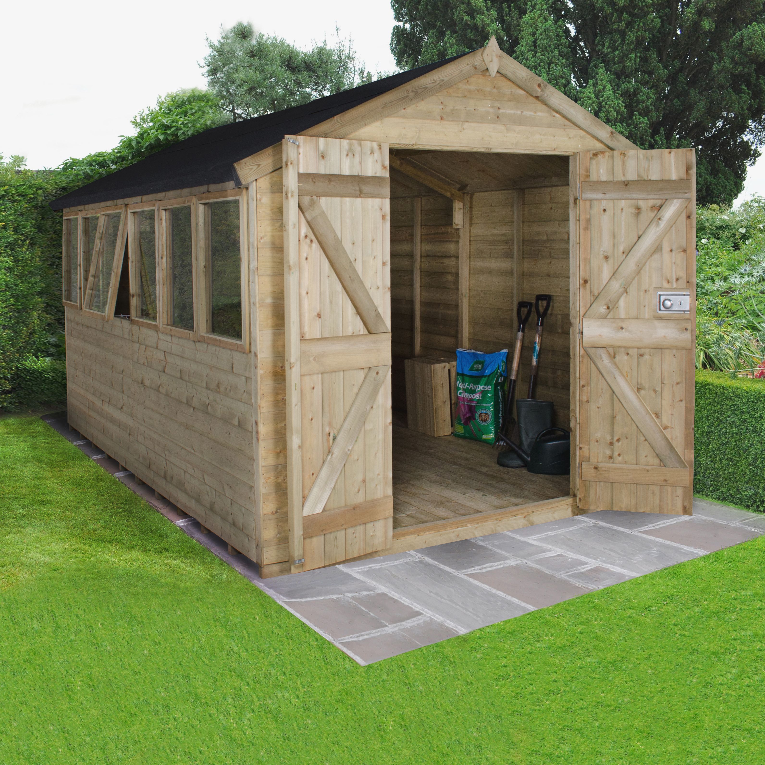 Forest Garden 12x8 ft Apex Wooden 2 door Shed with floor & 4 windows
