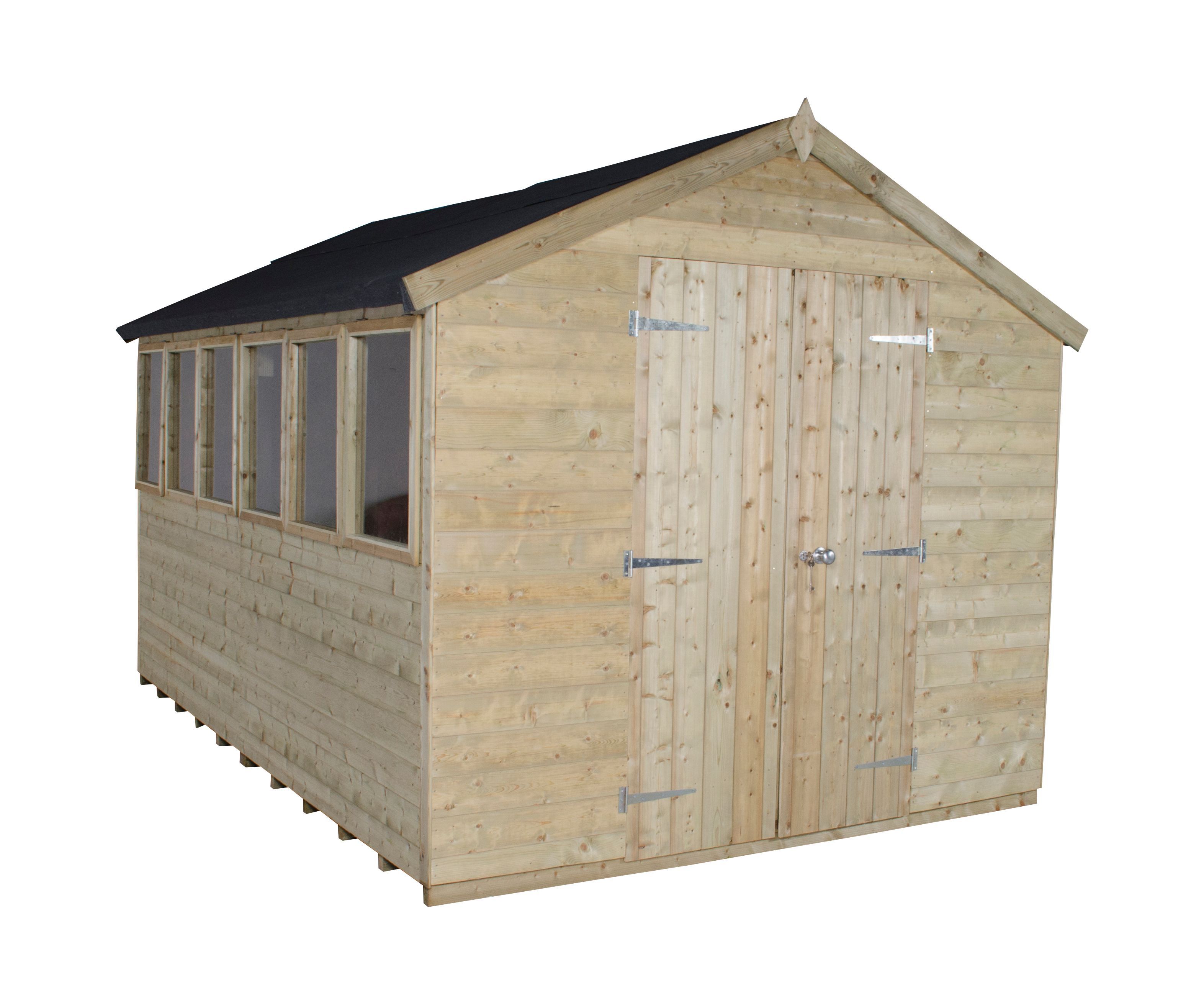 Forest Garden 12x8 ft Apex Wooden 2 door Shed with floor & 4 windows