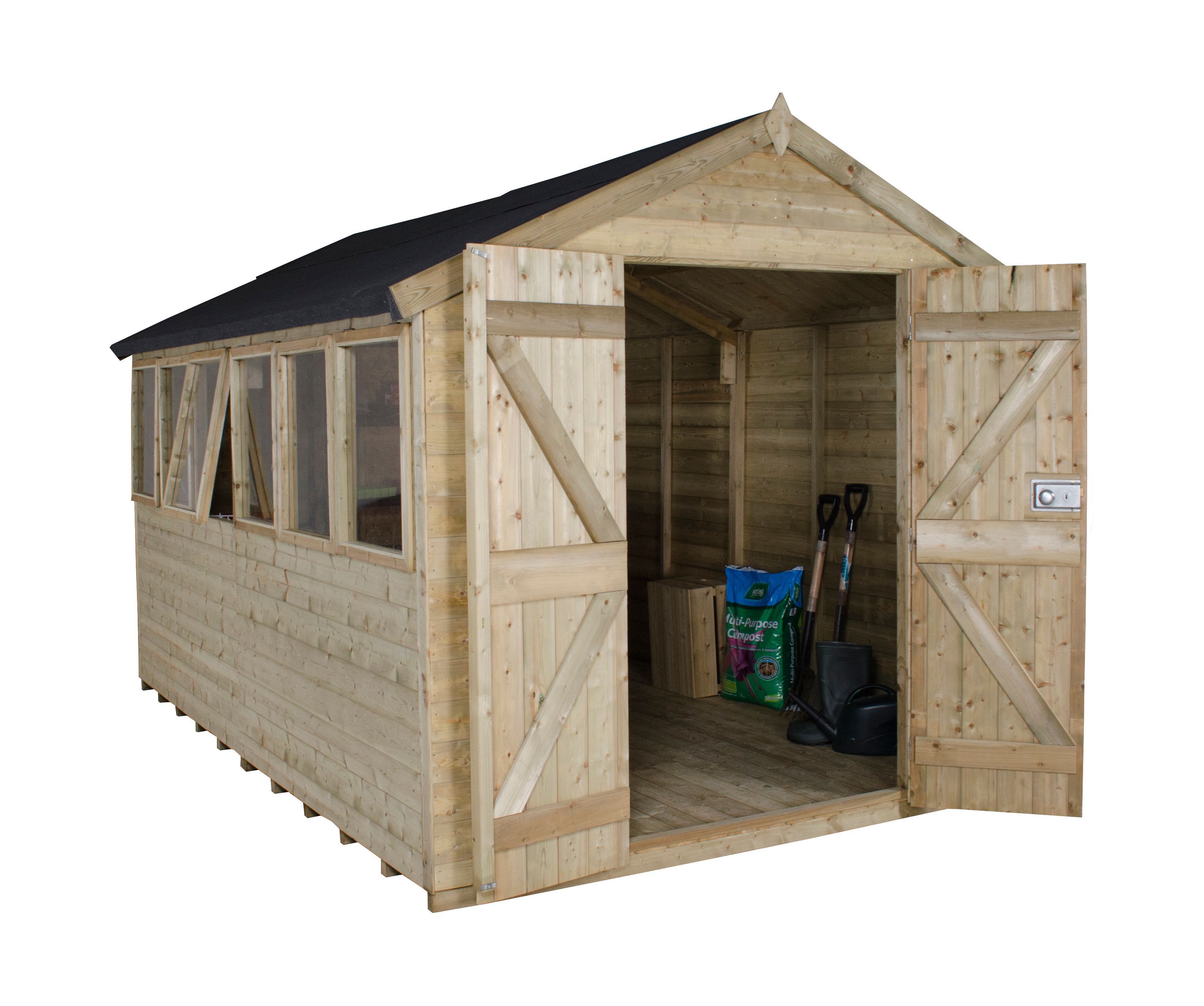 Forest Garden 12x8 ft Apex Wooden 2 door Shed with floor & 4 windows