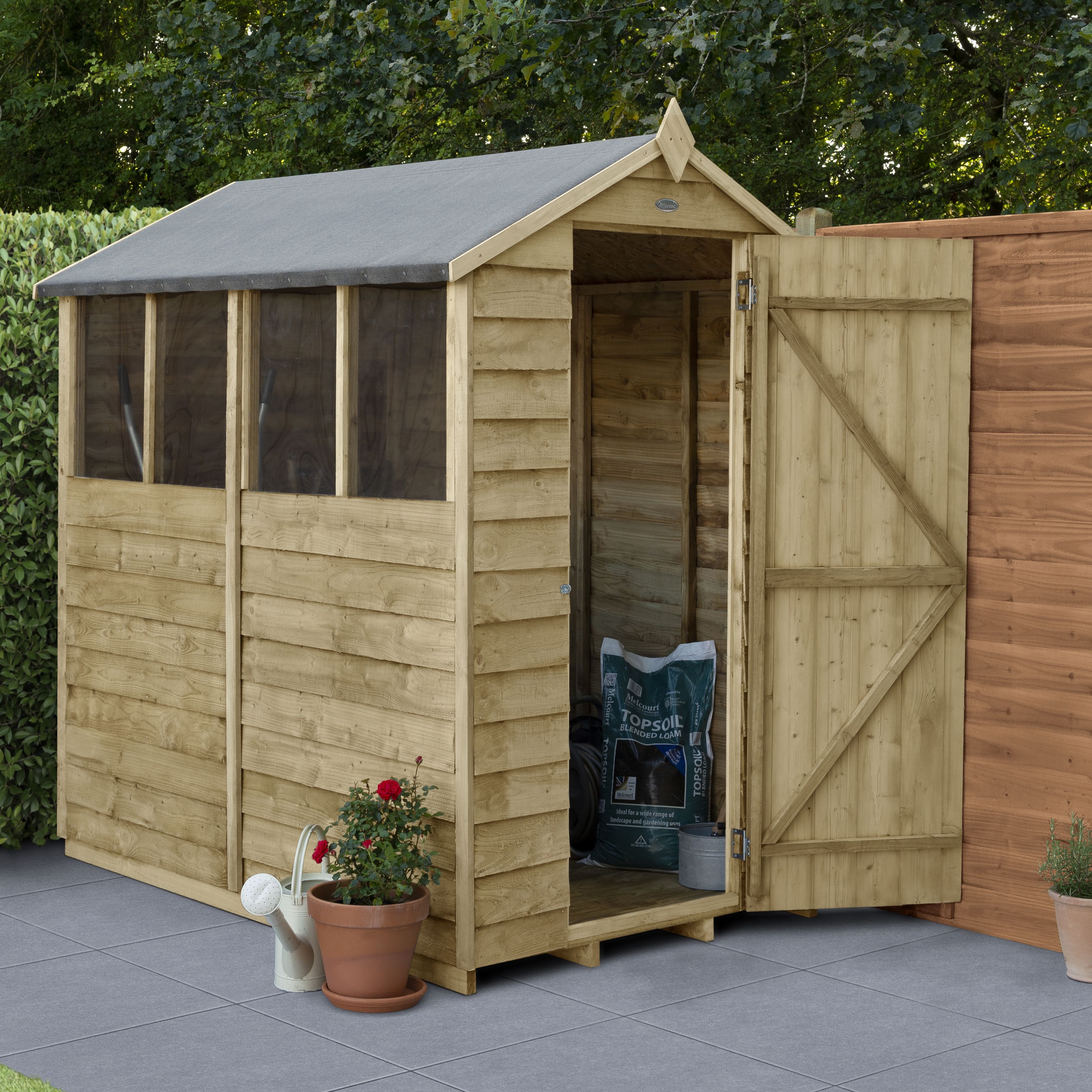 Forest Garden 6x4 ft Apex Wooden Shed with floor & 4 windows (Base included) - Assembly service included