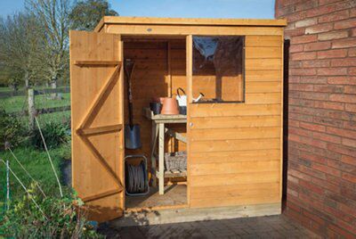 Forest Garden 6x4 ft Pent Golden brown Wooden Shed & 1 window (Base included) - Assembly service included
