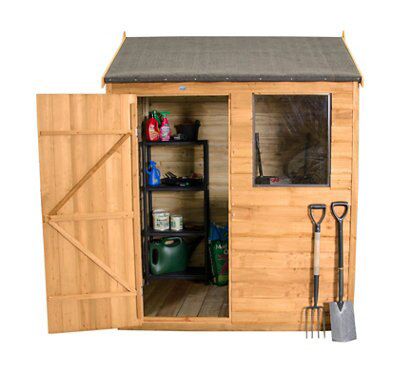 Forest Garden 6x4 ft Reverse apex Golden brown Wooden Shed with floor & 1 window (Base included) - Assembly service included
