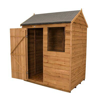 Forest Garden 6x4 ft Reverse apex Golden brown Wooden Shed with floor & 1 window (Base included) - Assembly service included