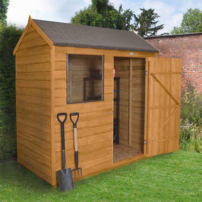Forest Garden 6x4 ft Reverse apex Golden brown Wooden Shed with floor & 1 window (Base included) - Assembly service included