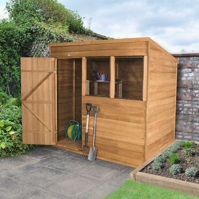 Forest Garden 7x5 ft Pent Golden brown Wooden Shed with floor & 2 windows (Base included) - Assembly service included