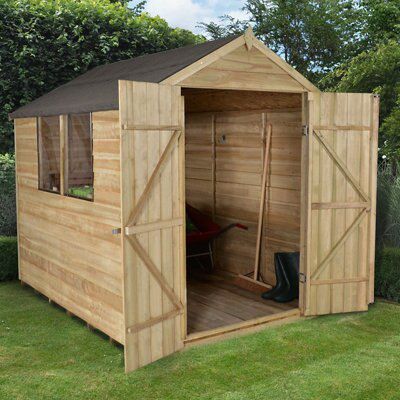 Forest Garden 8x6 ft Apex Green Wooden 2 door Shed with floor & 2 windows (Base included) - Assembly service included
