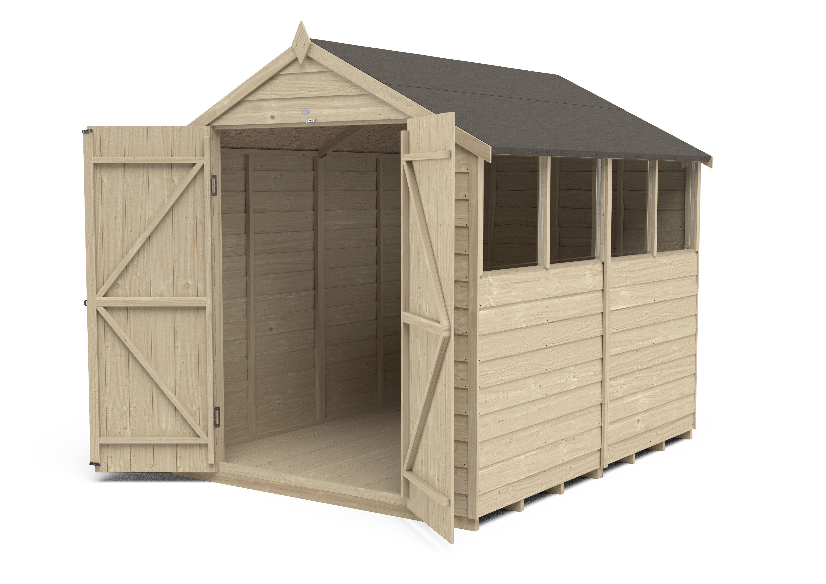 Forest Garden 8x6 ft Apex Wooden 2 door Shed with floor & 4 windows - Assembly service included
