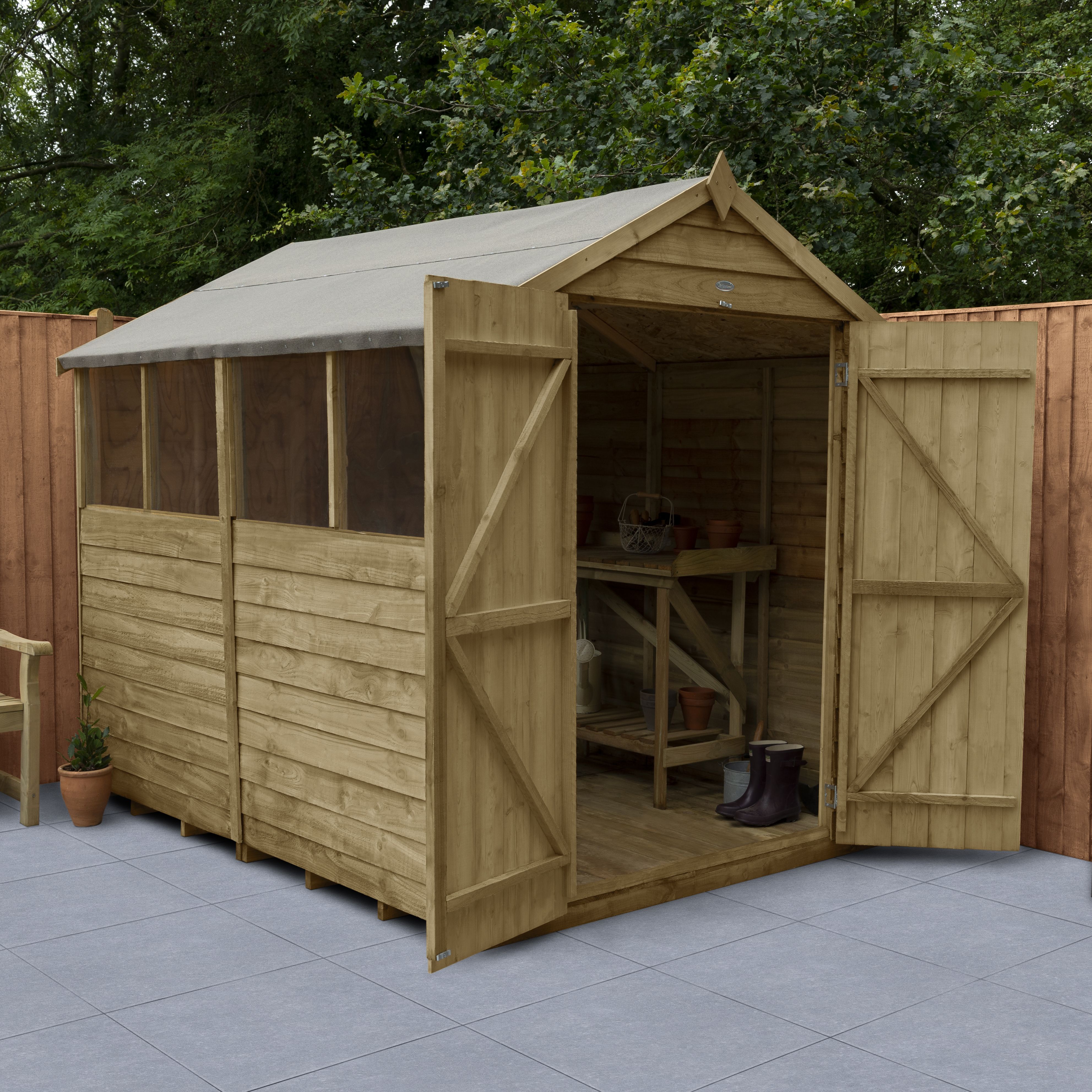 Forest Garden 8x6 ft Apex Wooden 2 door Shed with floor & 4 windows (Base included) - Assembly service included