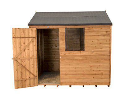 Forest Garden 8x6 ft Reverse apex Golden brown Wooden Shed with floor & 1 window (Base included) - Assembly service included