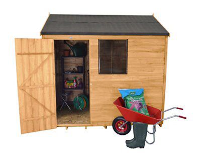 Forest Garden 8x6 ft Reverse apex Golden brown Wooden Shed with floor & 1 window (Base included) - Assembly service included