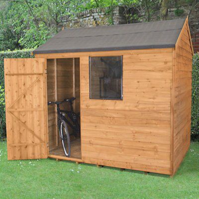Forest Garden 8x6 ft Reverse apex Golden brown Wooden Shed with floor & 1 window (Base included) - Assembly service included
