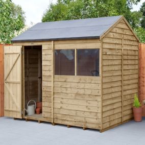 Forest Garden 8x6 ft Reverse apex Overlap Pressure treated Wooden Shed with floor & 2 windows (Base included)