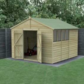 Forest Garden Beckwood 10x10 ft Apex Natural timber Wooden 2 door Shed with floor & 4 windows (Base included) - Assembly not required
