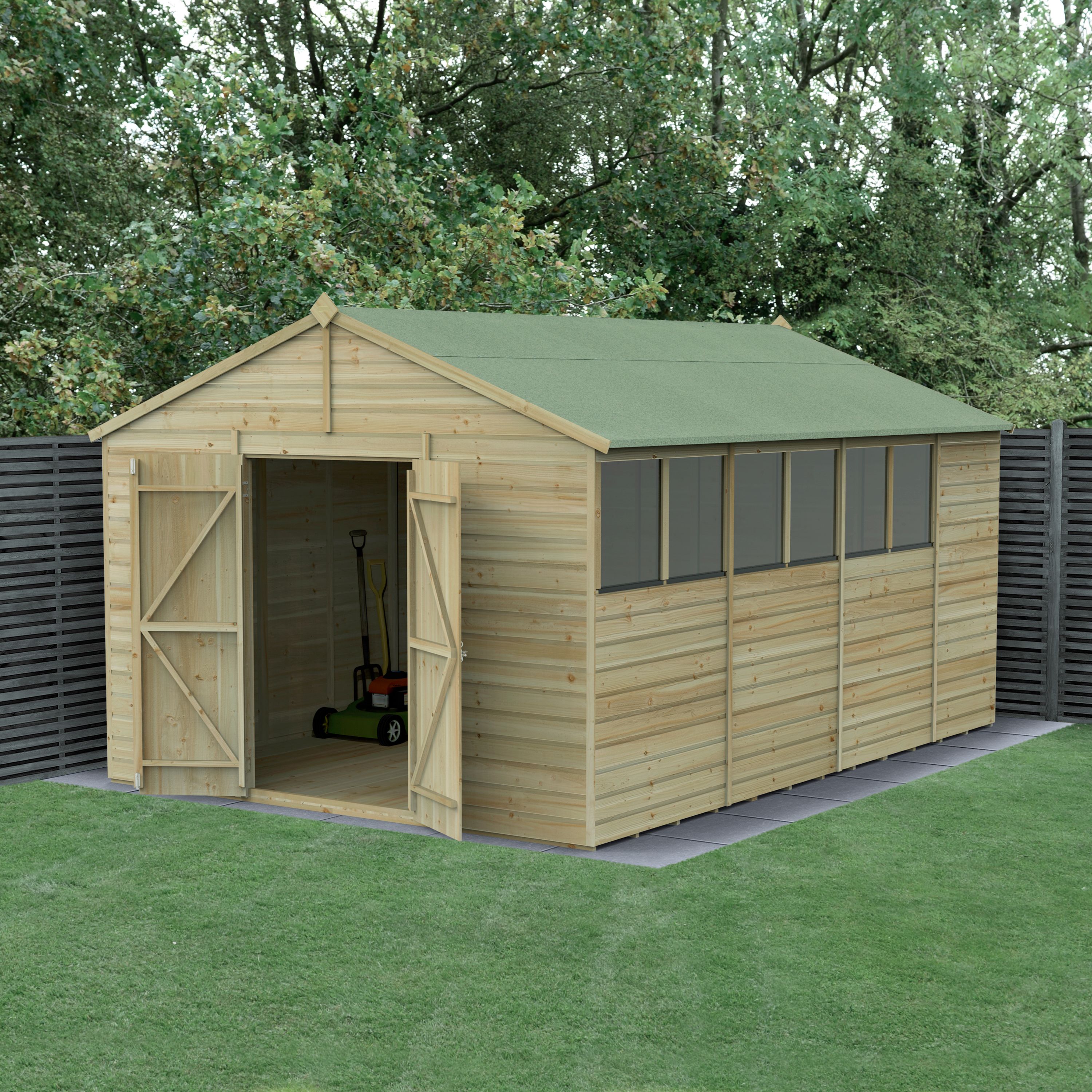 Forest Garden Beckwood 10x15 ft Apex Natural timber Wooden 2 door Shed with floor & 6 windows (Base included)