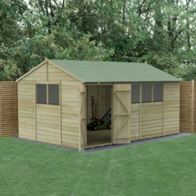 Forest Garden Beckwood 10x15 ft Reverse apex Natural timber Wooden 2 door Shed with floor & 6 windows (Base included) - Assembly not required