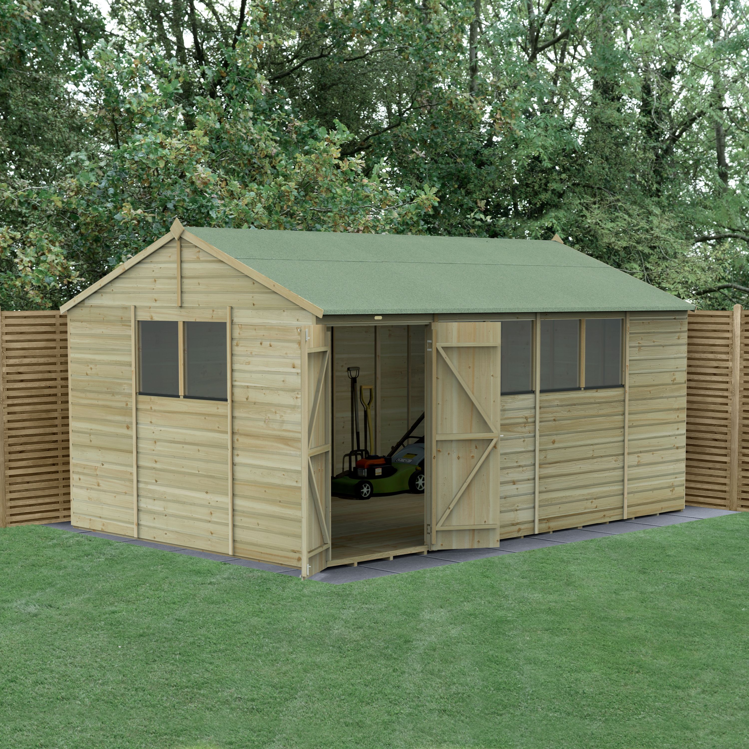 Forest Garden Beckwood 10x15 ft Reverse apex Natural timber Wooden 2 door Shed with floor & 6 windows (Base included)