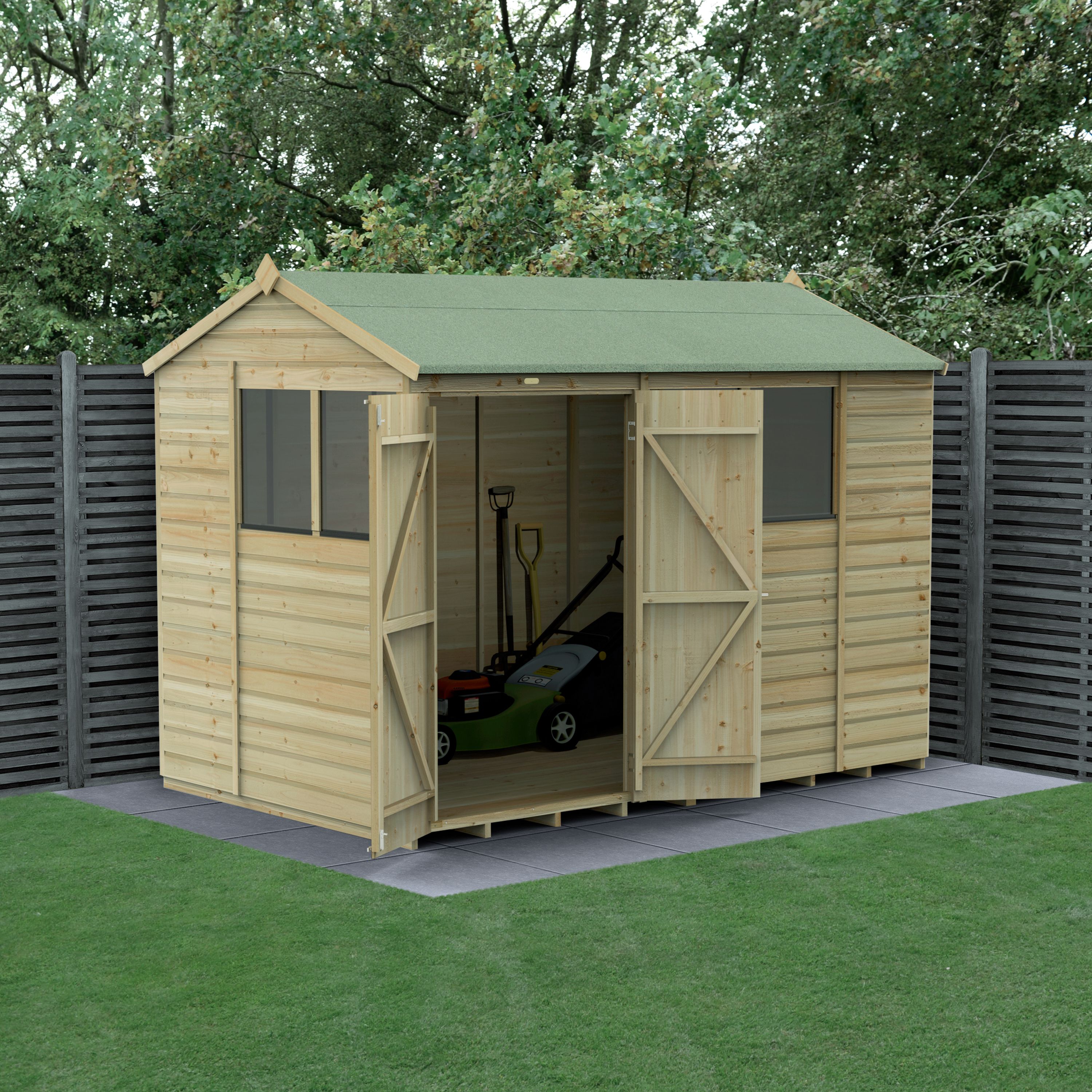 Forest Garden Beckwood 10x6 ft Reverse apex Natural timber Wooden 2 door Shed with floor & 4 windows (Base included)