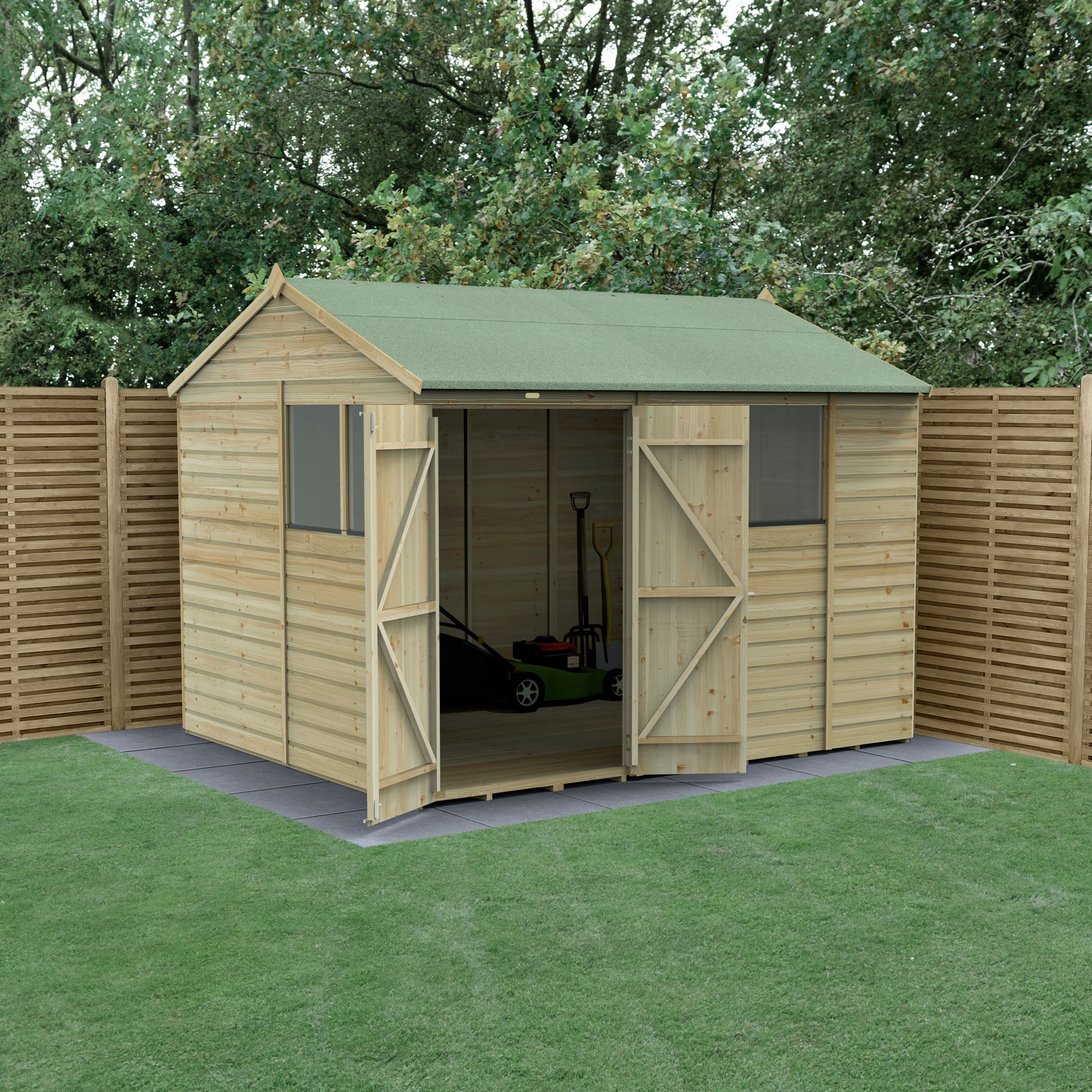 Forest Garden Beckwood 10x8 ft Reverse apex Natural timber Wooden 2 door Shed with floor & 4 windows (Base included)