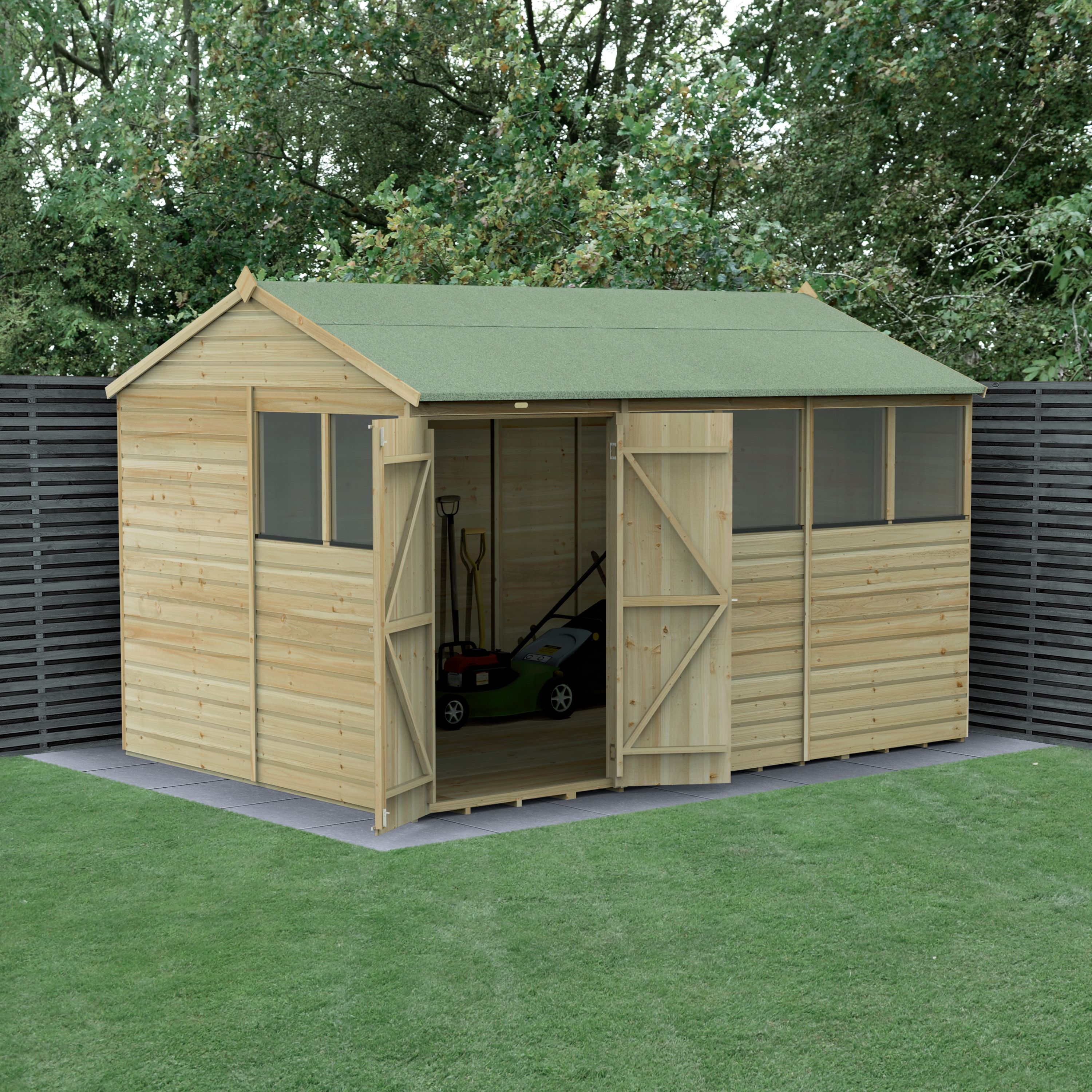 Forest Garden Beckwood 12x8 ft Reverse apex Natural timber Wooden 2 door Shed with floor & 6 windows (Base included)