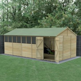 Forest Garden Beckwood 20x10 ft Reverse apex Natural timber Wooden 2 door Shed with floor & 8 windows (Base included) - Assembly not required