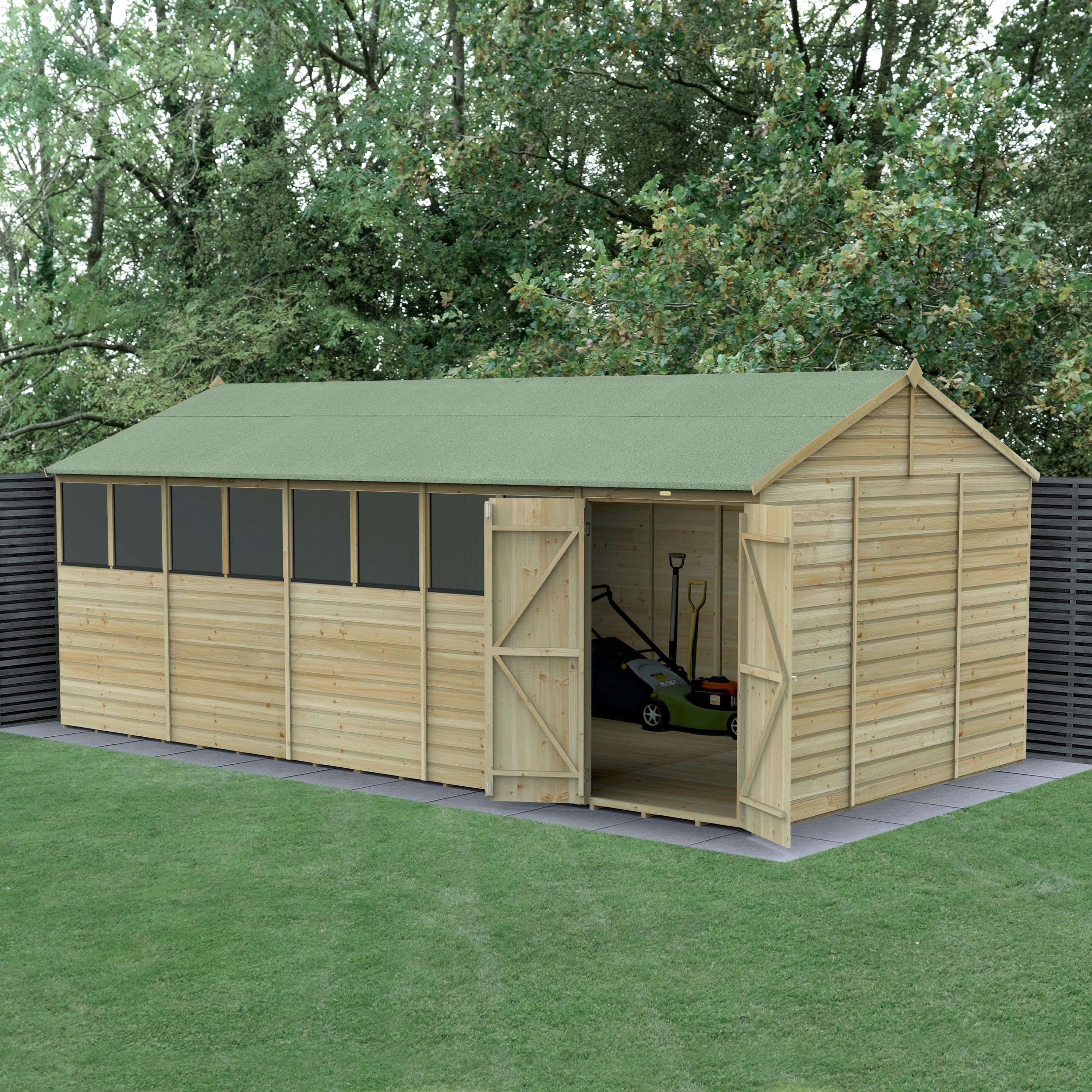 Forest Garden Beckwood 20x10 ft Reverse apex Natural timber Wooden 2 door Shed with floor & 8 windows