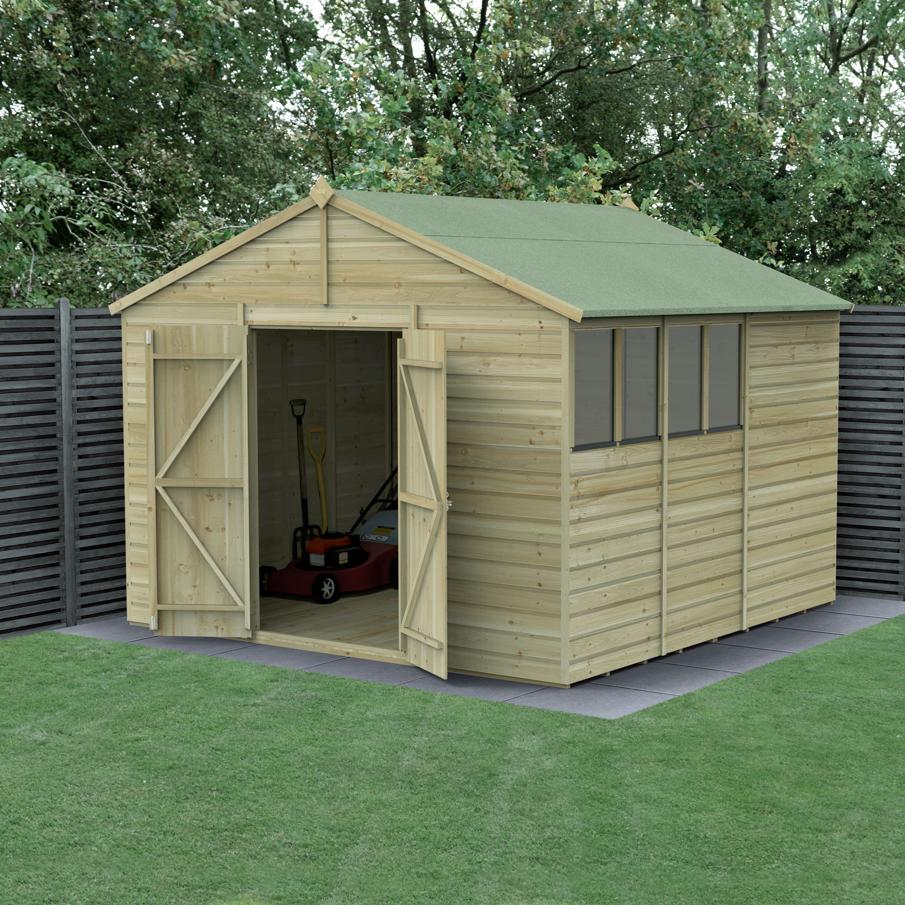 Forest Garden Beckwood Shiplap 10x10 ft Apex Natural timber Wooden Pressure treated 2 door Shed with floor & 4 windows - Assembly service included