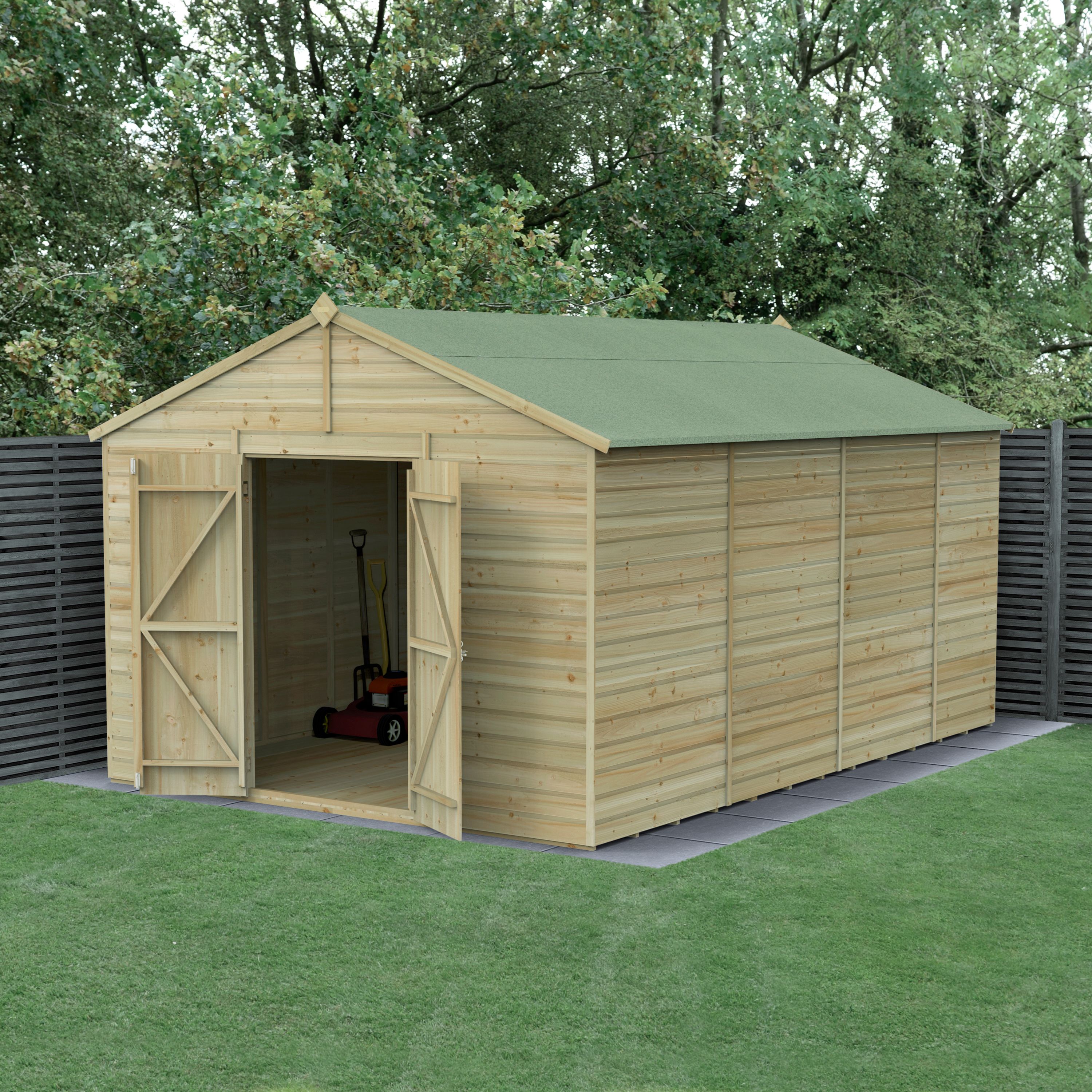 Forest Garden Beckwood Shiplap 10x15 ft Apex Natural timber Wooden Pressure treated 2 door Shed with floor - Assembly service included