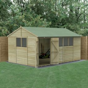 Forest Garden Beckwood Shiplap 10x15 ft Reverse apex Natural timber Wooden Pressure treated 2 door Shed with floor & 6 windows - Assembly service included