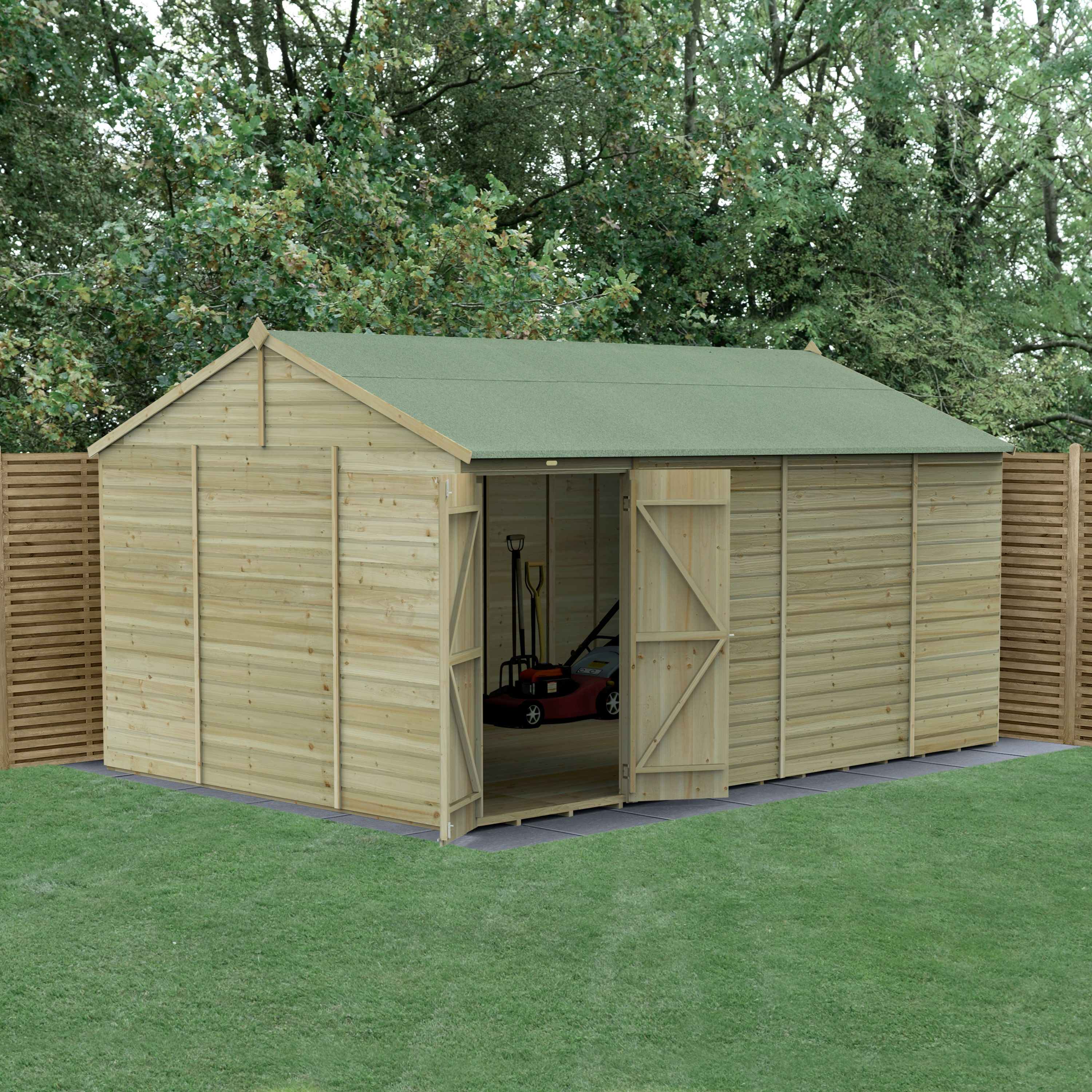 Forest Garden Beckwood Shiplap 10x15 ft Reverse apex Natural timber Wooden Pressure treated 2 door Shed with floor (Base included) - Assembly service included