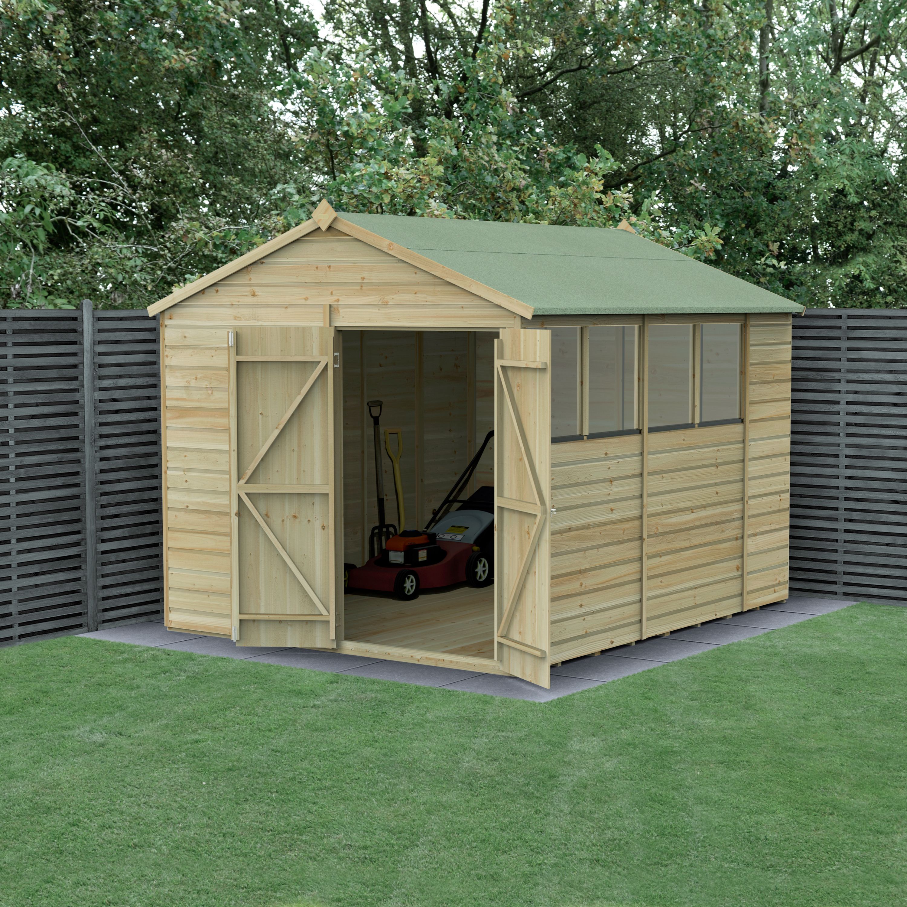 Forest Garden Beckwood Shiplap 10x8 ft Apex Natural timber Wooden Pressure treated 2 door Shed with floor & 4 windows (Base included) - Assembly service included