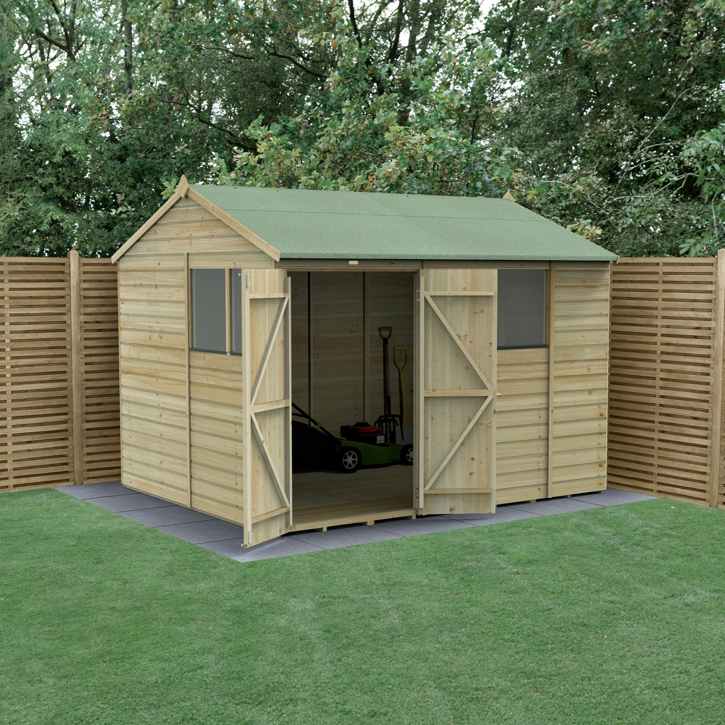 Forest Garden Beckwood Shiplap 10x8 ft Reverse apex Natural timber Wooden Pressure treated 2 door Shed with floor & 4 windows - Assembly service included