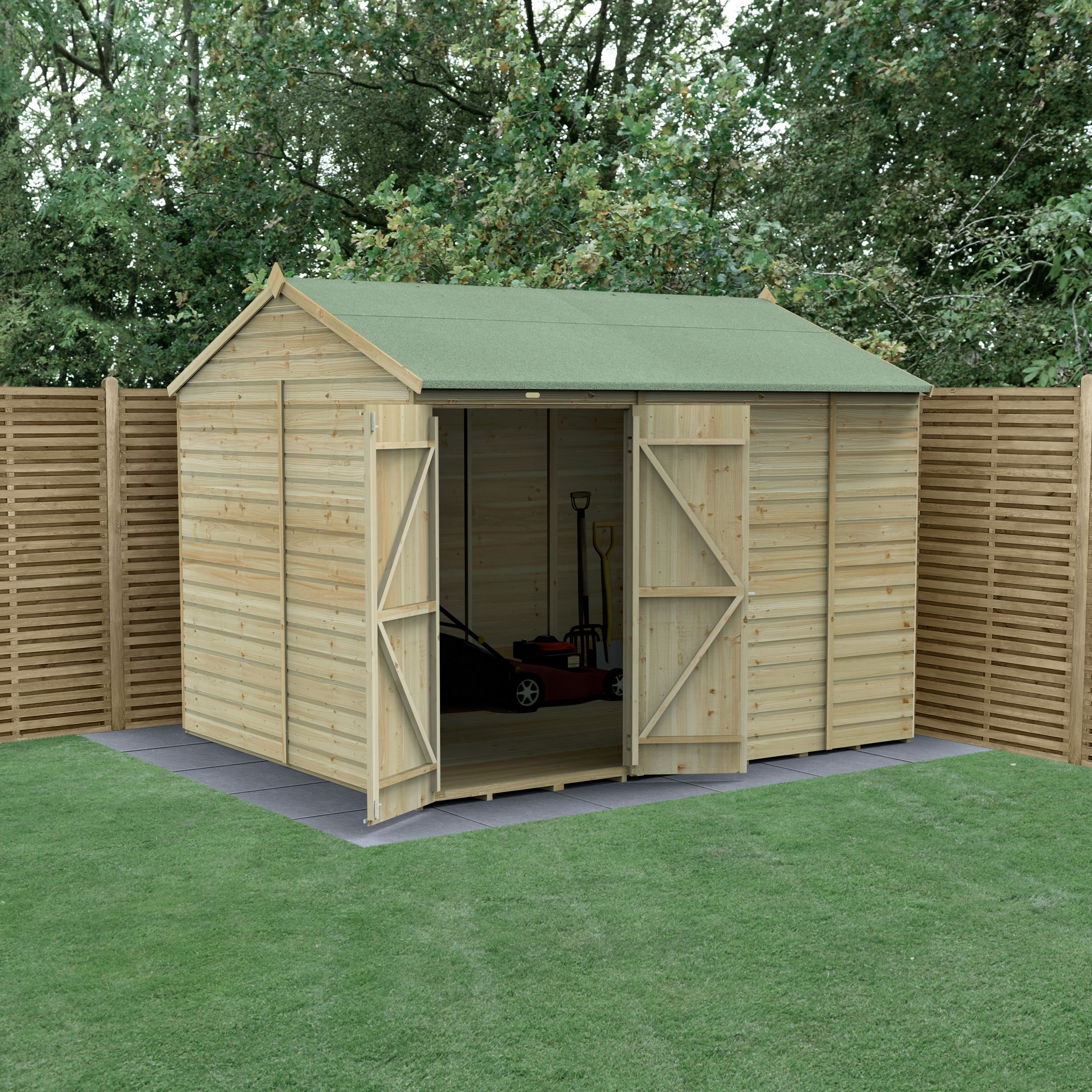 Forest Garden Beckwood Shiplap 10x8 ft Reverse apex Natural timber Wooden Pressure treated 2 door Shed with floor - Assembly service included