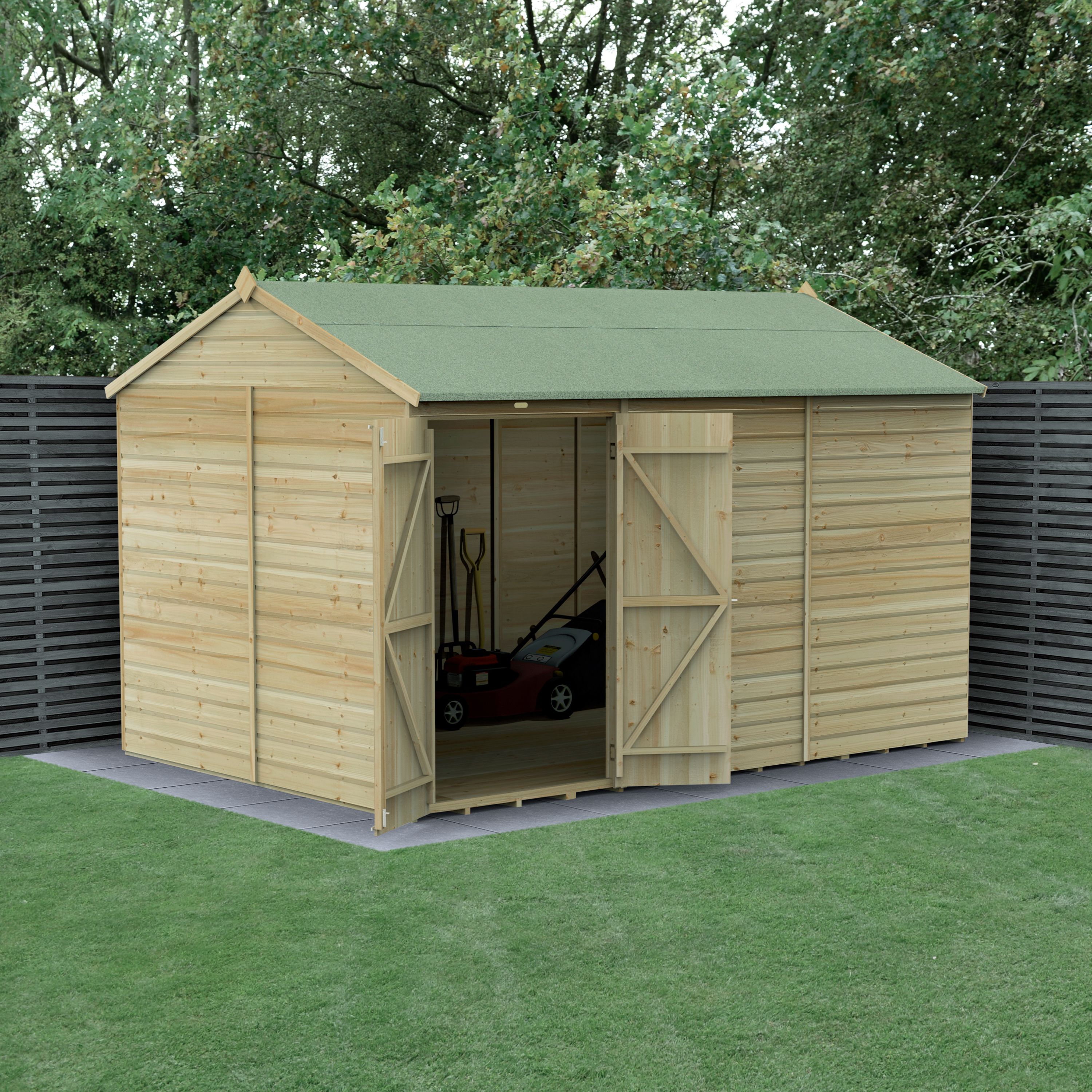 Forest Garden Beckwood Shiplap 12x8 ft Reverse apex Natural timber Wooden Pressure treated 2 door Shed with floor (Base included) - Assembly service included