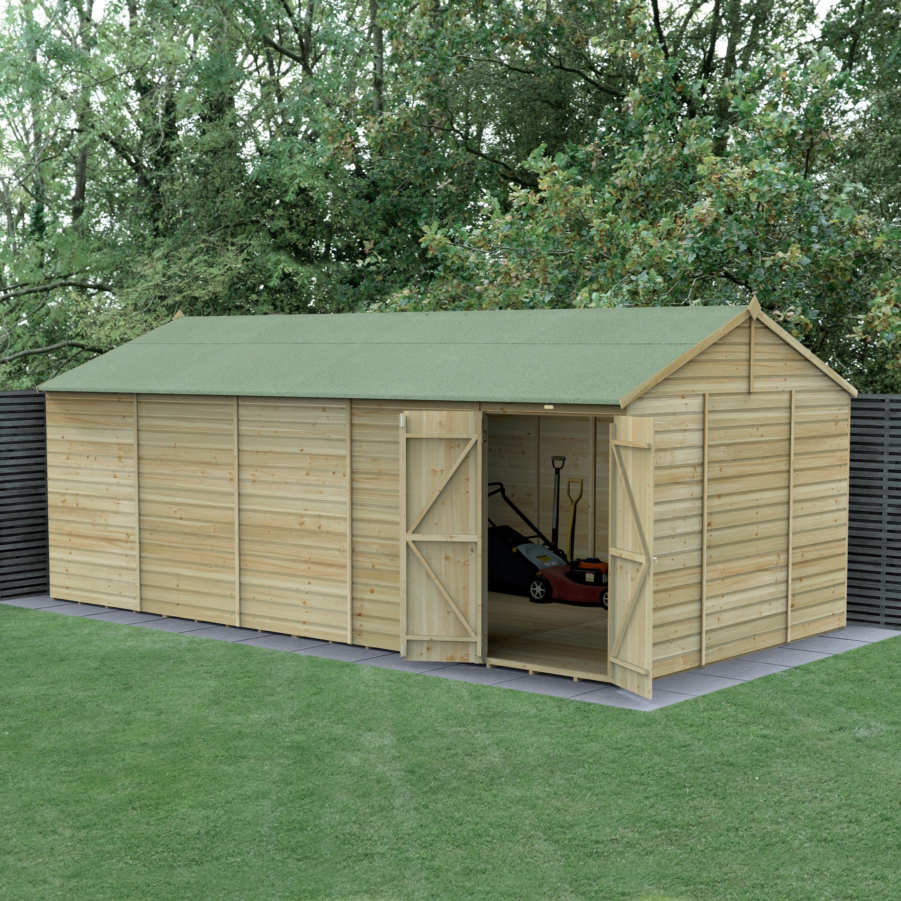 Forest Garden Beckwood Shiplap 20x10 ft Reverse apex Natural timber Wooden Pressure treated 2 door Shed with floor - Assembly service included