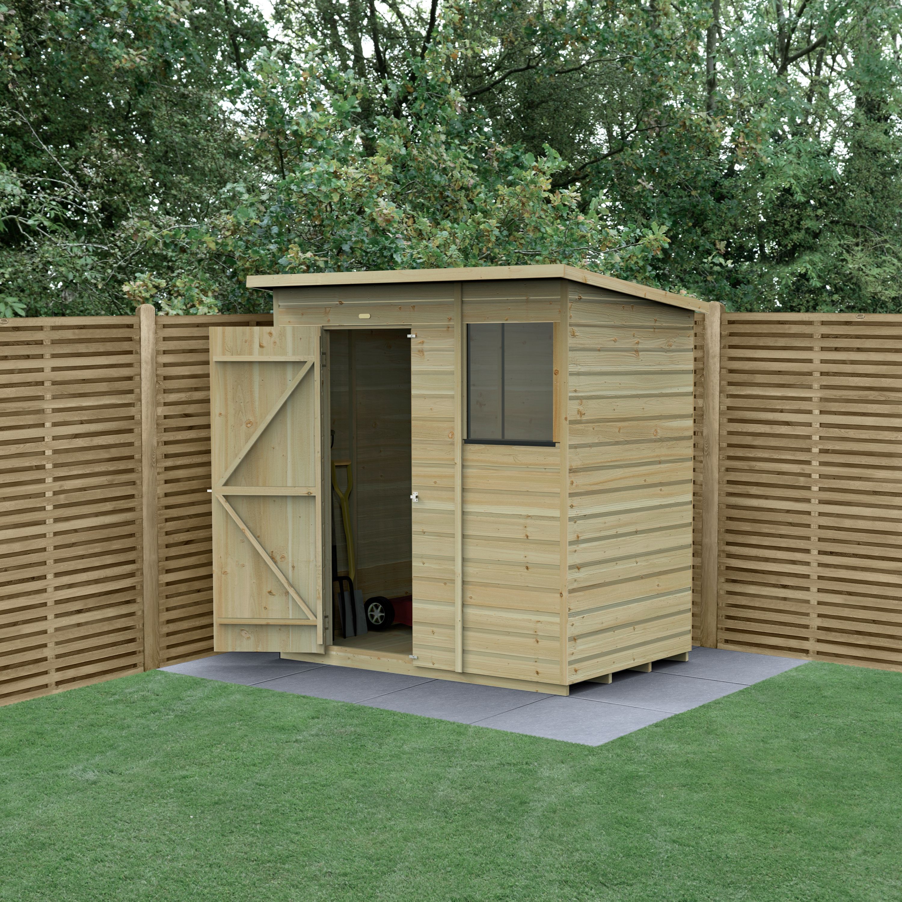 Forest Garden Beckwood Shiplap 6x4 ft Pent Natural timber Wooden Pressure treated Shed with floor & 1 window (Base included) - Assembly service included