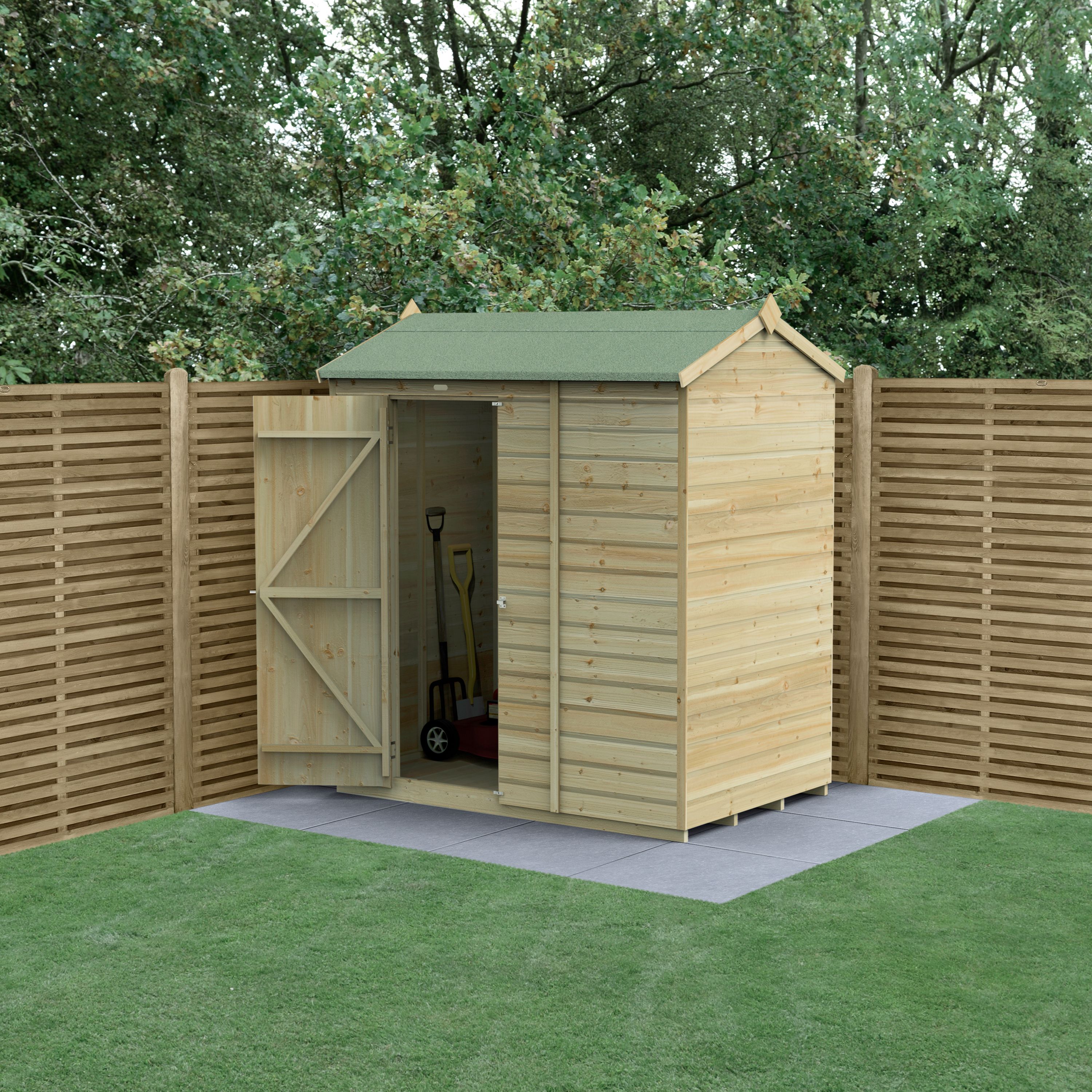 Forest Garden Beckwood Shiplap 6x4 ft Reverse apex Natural timber Wooden Pressure treated Shed with floor (Base included) - Assembly service included