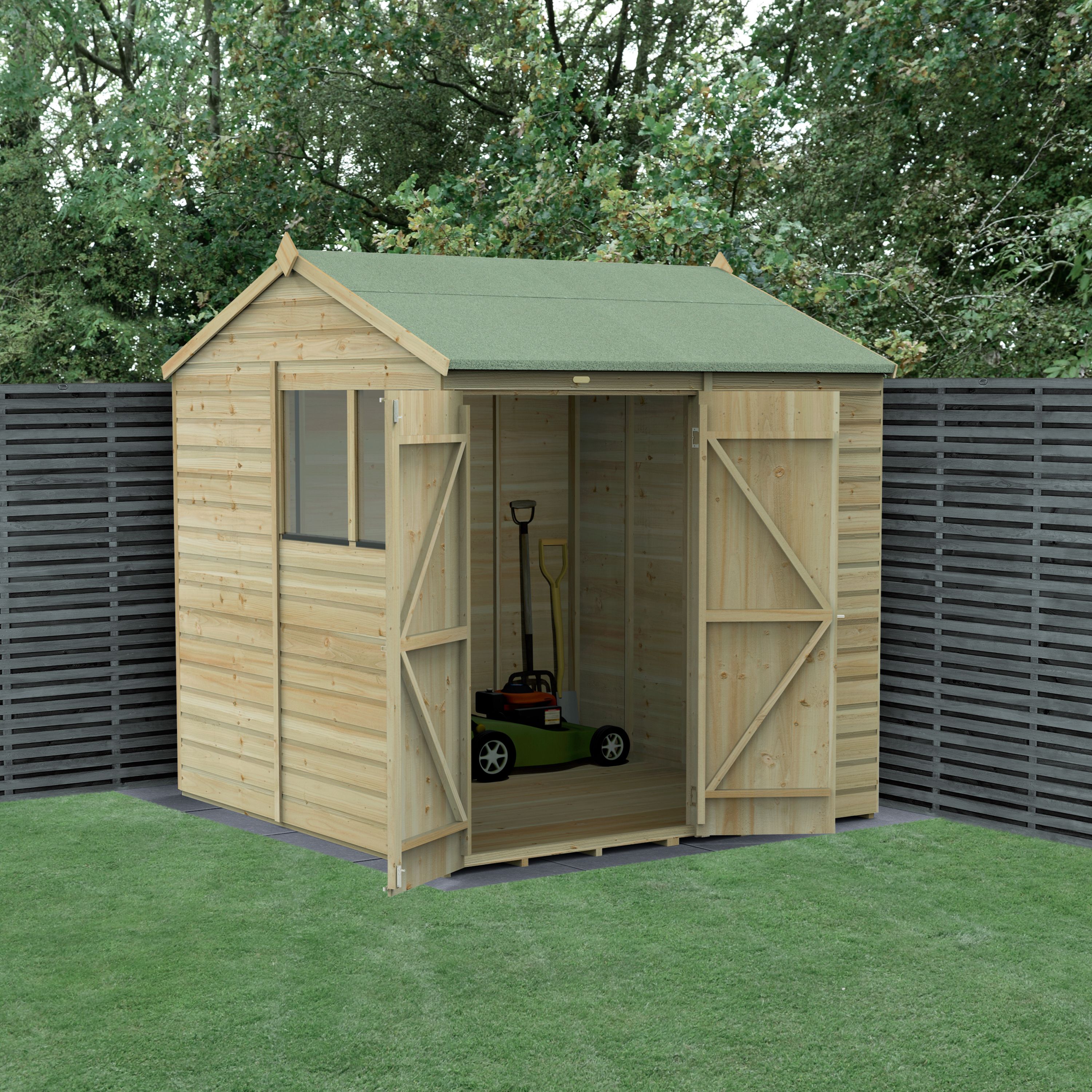 Forest Garden Beckwood Shiplap 7x7 ft Reverse apex Natural timber Wooden Pressure treated 2 door Shed with floor & 2 windows - Assembly service included