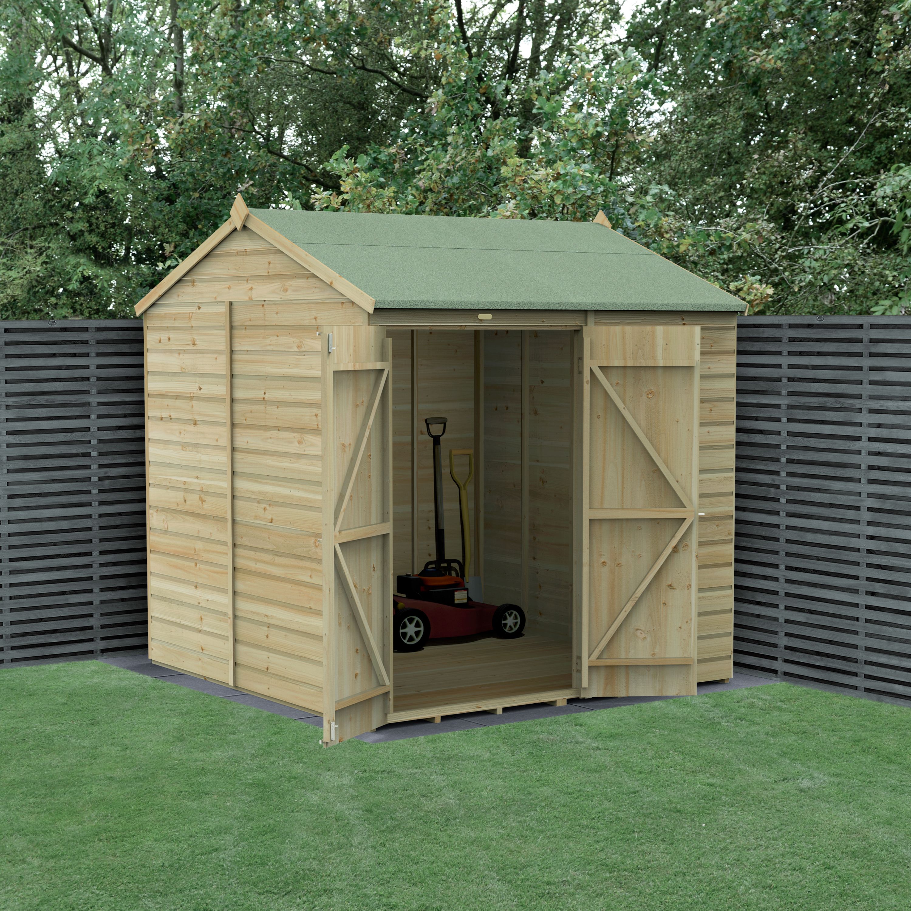 Forest Garden Beckwood Shiplap 7x7 ft Reverse apex Natural timber Wooden Pressure treated 2 door Shed with floor (Base included) - Assembly service included