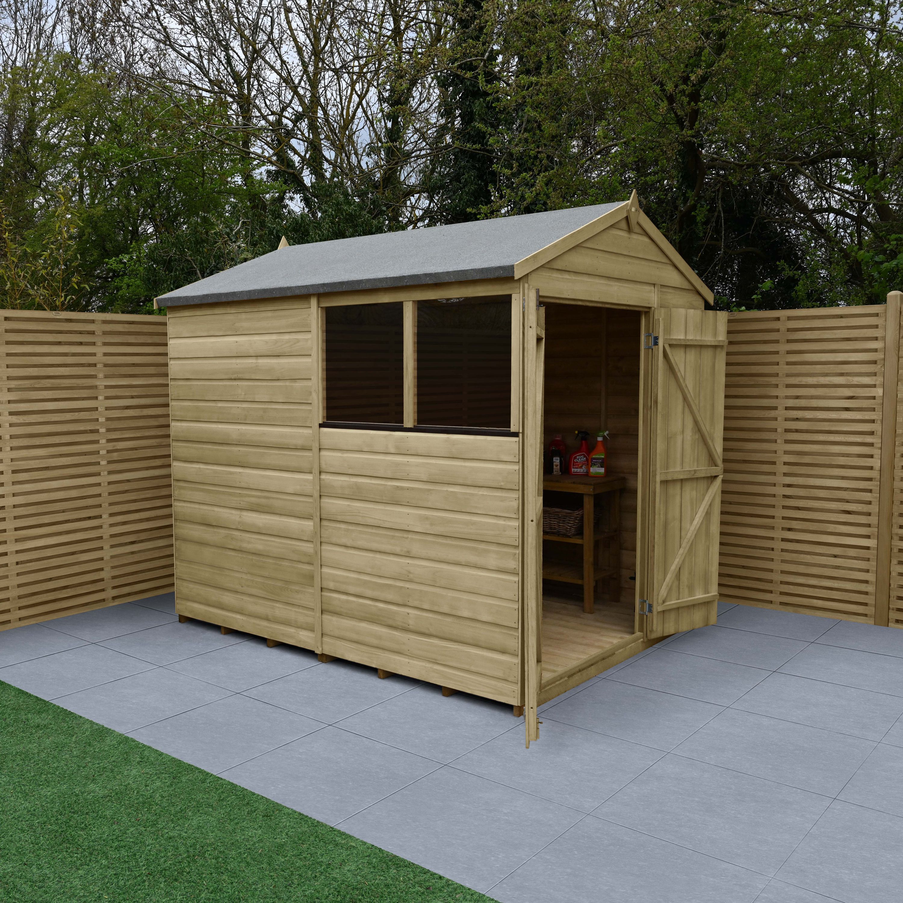 Forest Garden Beckwood Shiplap 8x6 ft Apex Natural timber Wooden Pressure treated 2 door Shed with floor & 2 windows (Base included) - Assembly service included