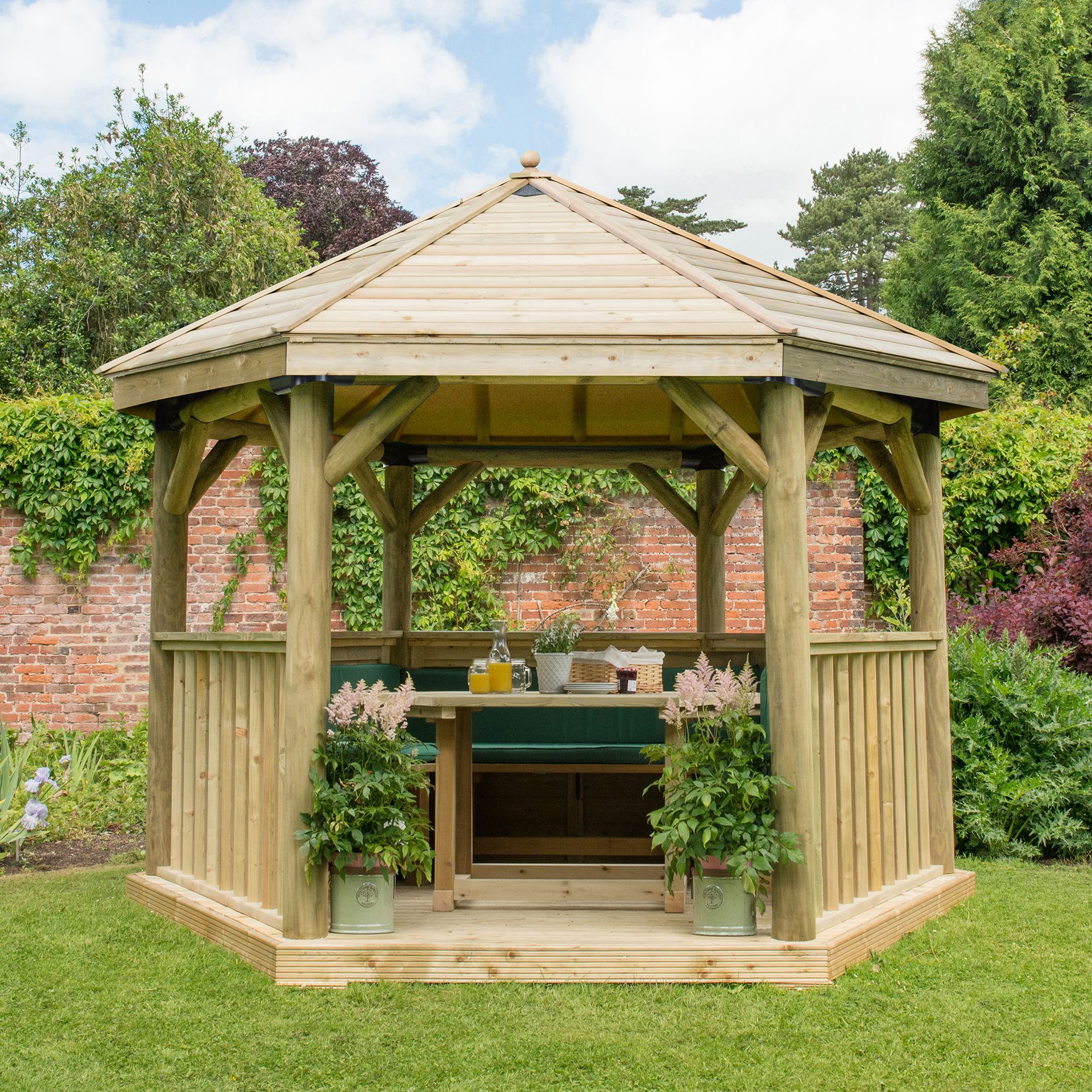 Forest Garden Furnished Hexagonal Gazebo, (W)3.78m (D)3.27m with Floor included