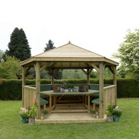 Forest Garden Furnished Timber Roof Hexagonal Gazebo, (W)4900mm (D)4240mm (Green Cushion included)