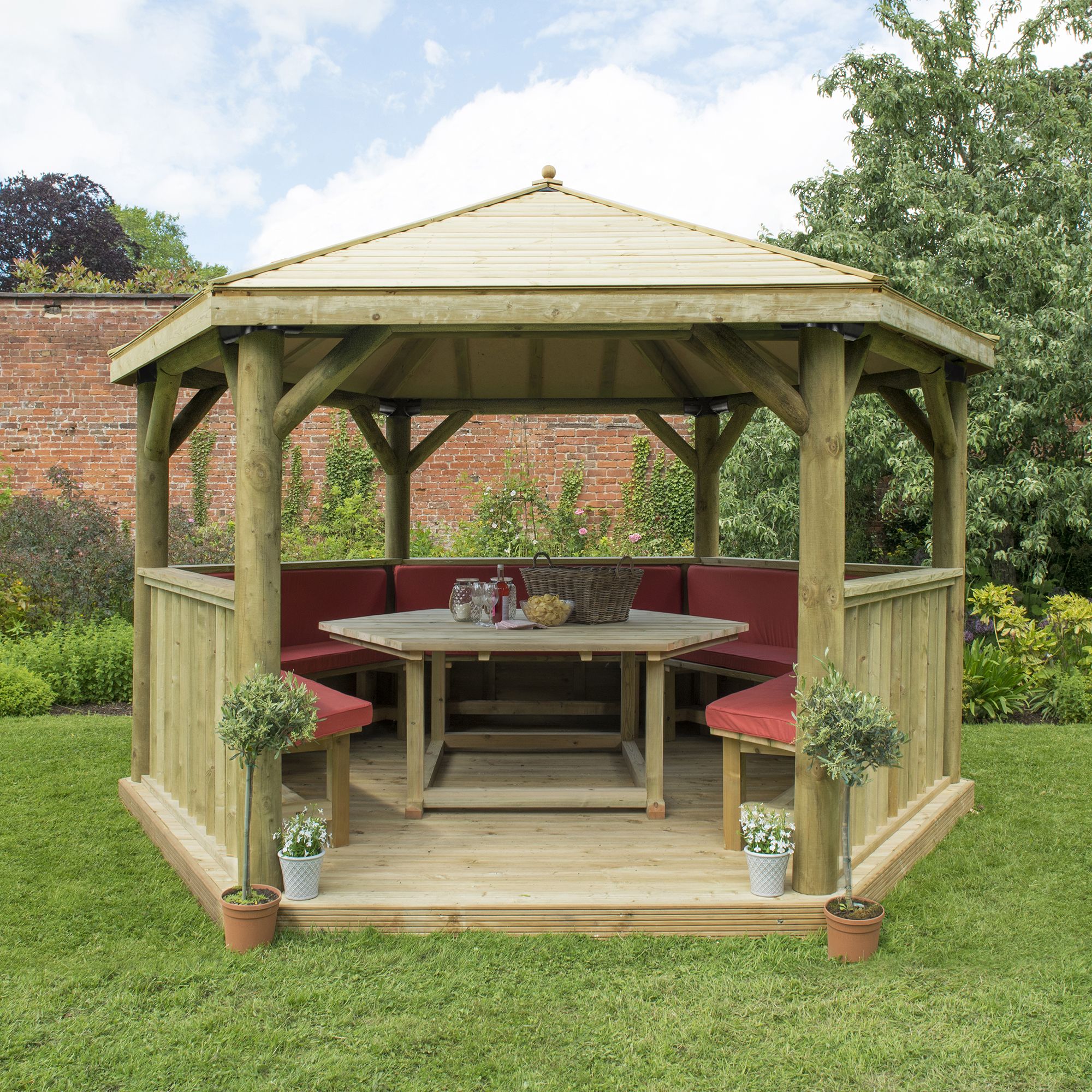 Forest Garden Furnished Timber Roof Hexagonal Gazebo, (W)4900mm (D)4240mm (Red Cushion included)