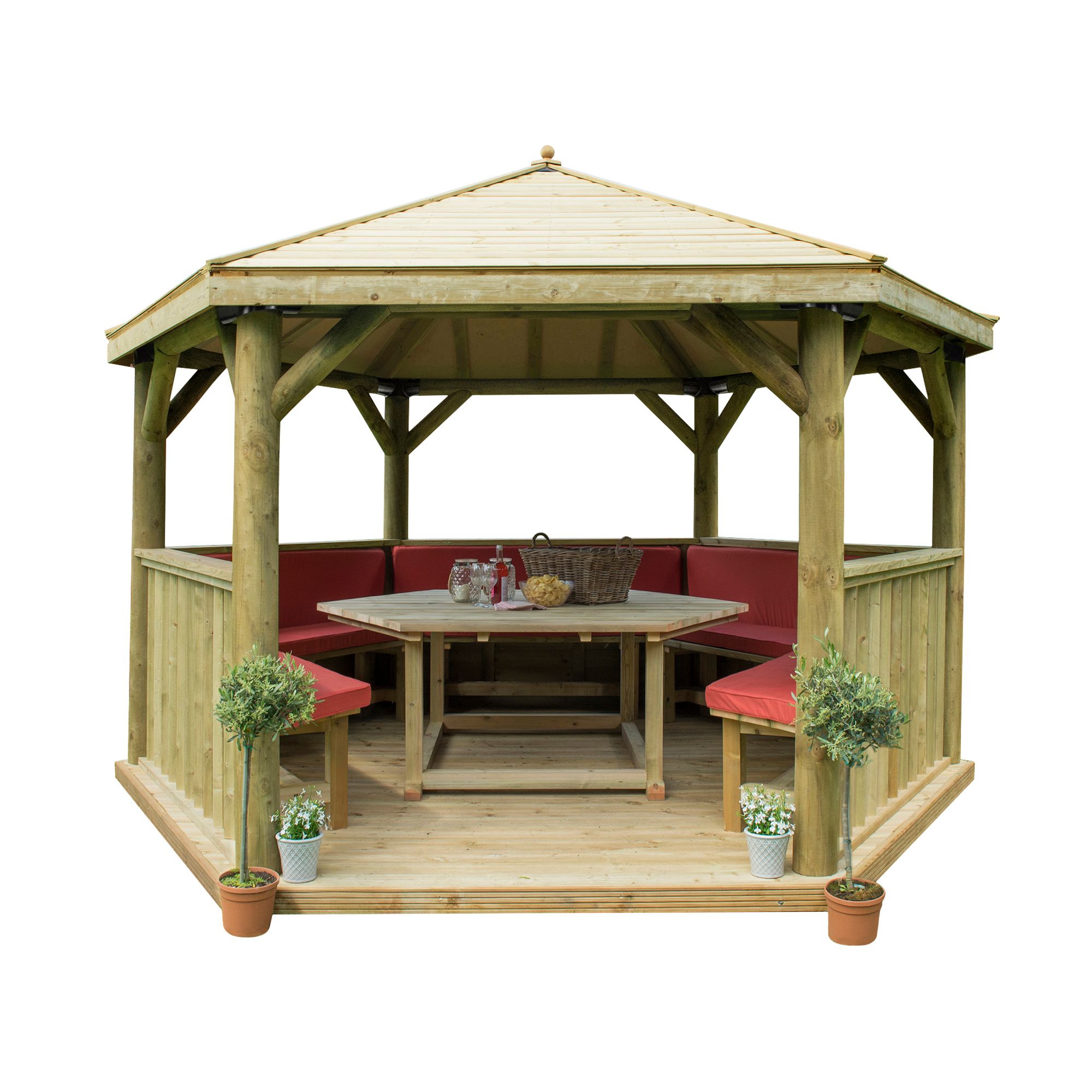 Forest Garden Furnished Timber Roof Hexagonal Gazebo, (W)4900mm (D)4240mm (Red Cushion included)