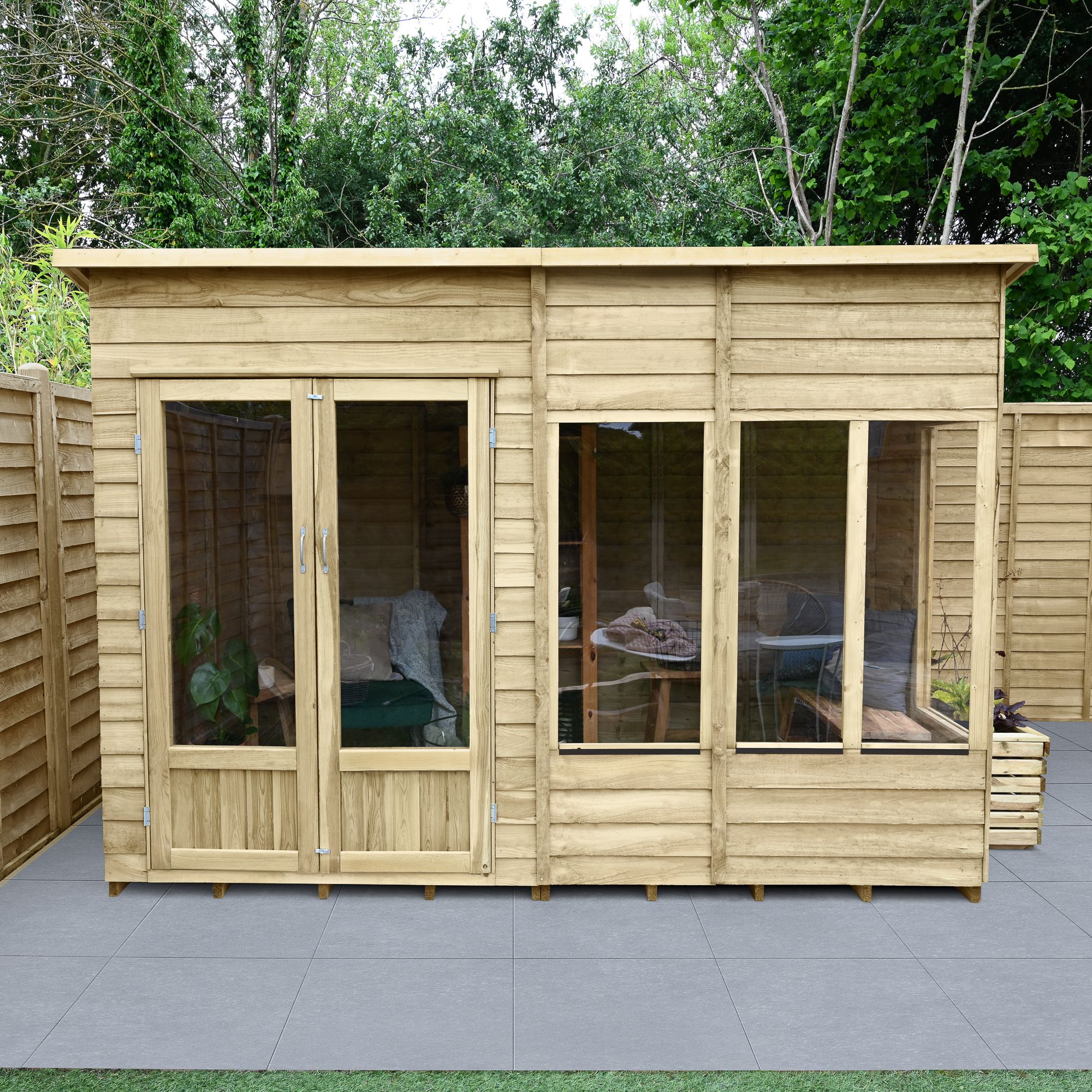 Forest Garden Oakley 10x6 ft with Double door & 5 windows Pent Wooden Summer house (Base included) - Assembly service included