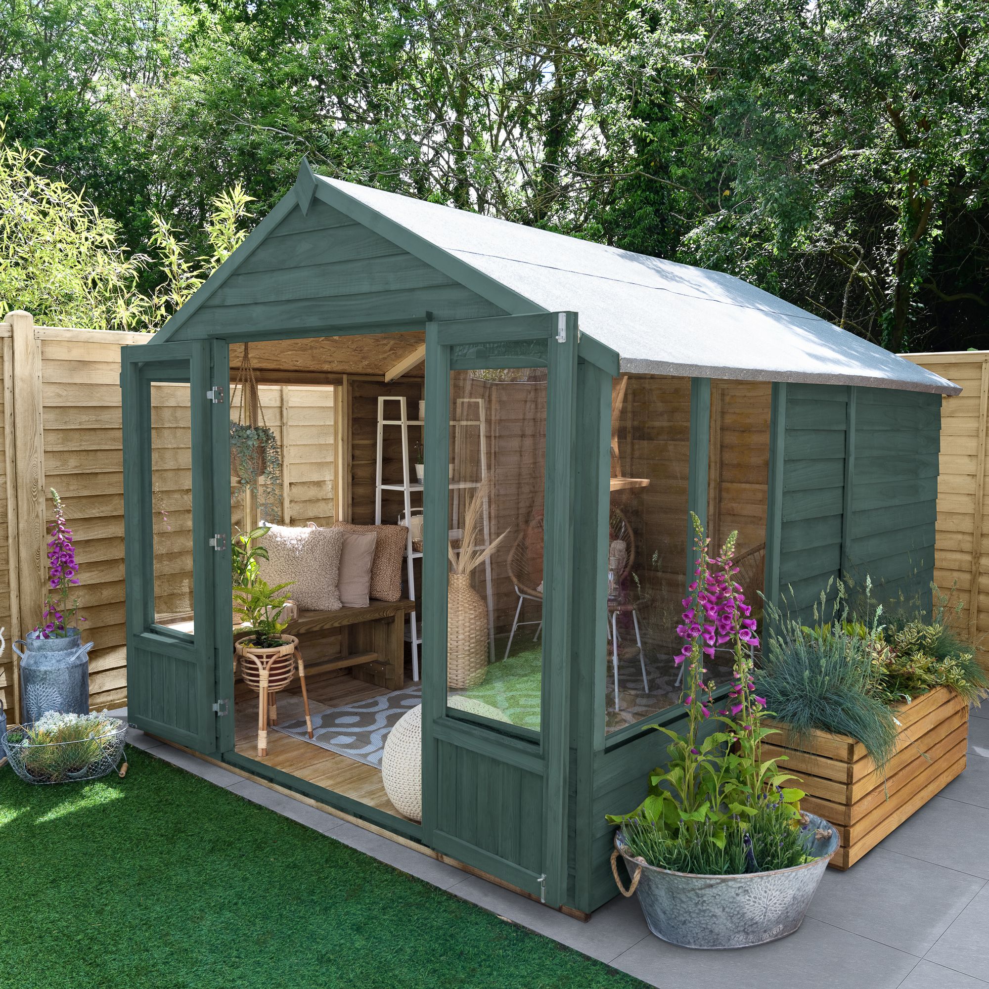 Forest Garden Oakley 10x8 ft with Double door & 6 windows Apex Wooden Summer house (Base included) - Assembly service included